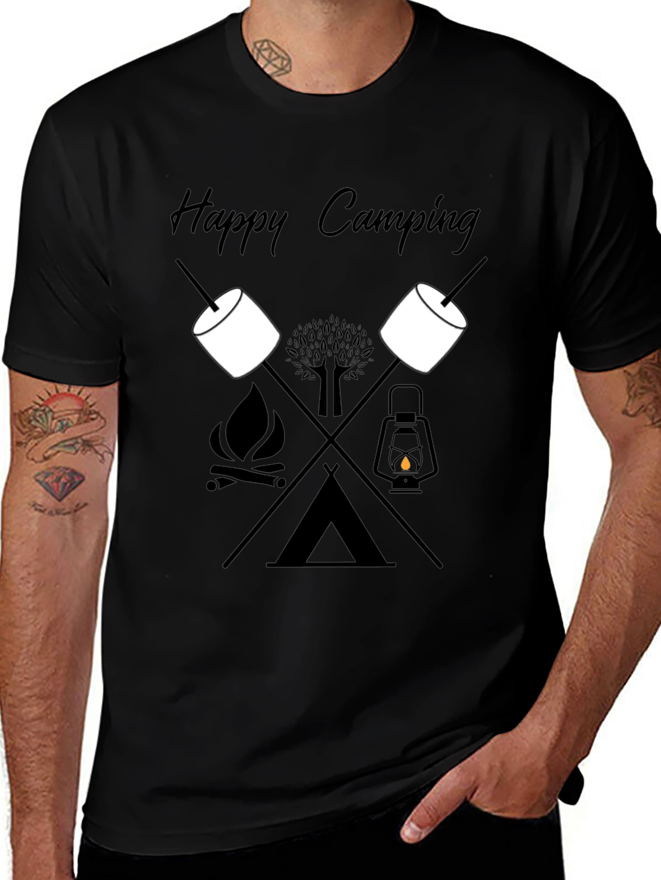 Happy Camping Graphic Tee - Black Cotton T-Shirt