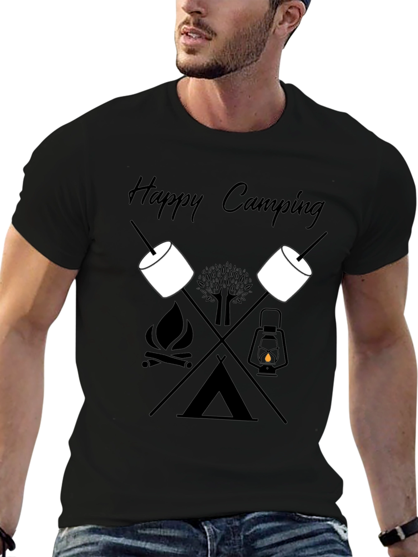 Happy Camping Graphic Tee - Black Cotton T-Shirt