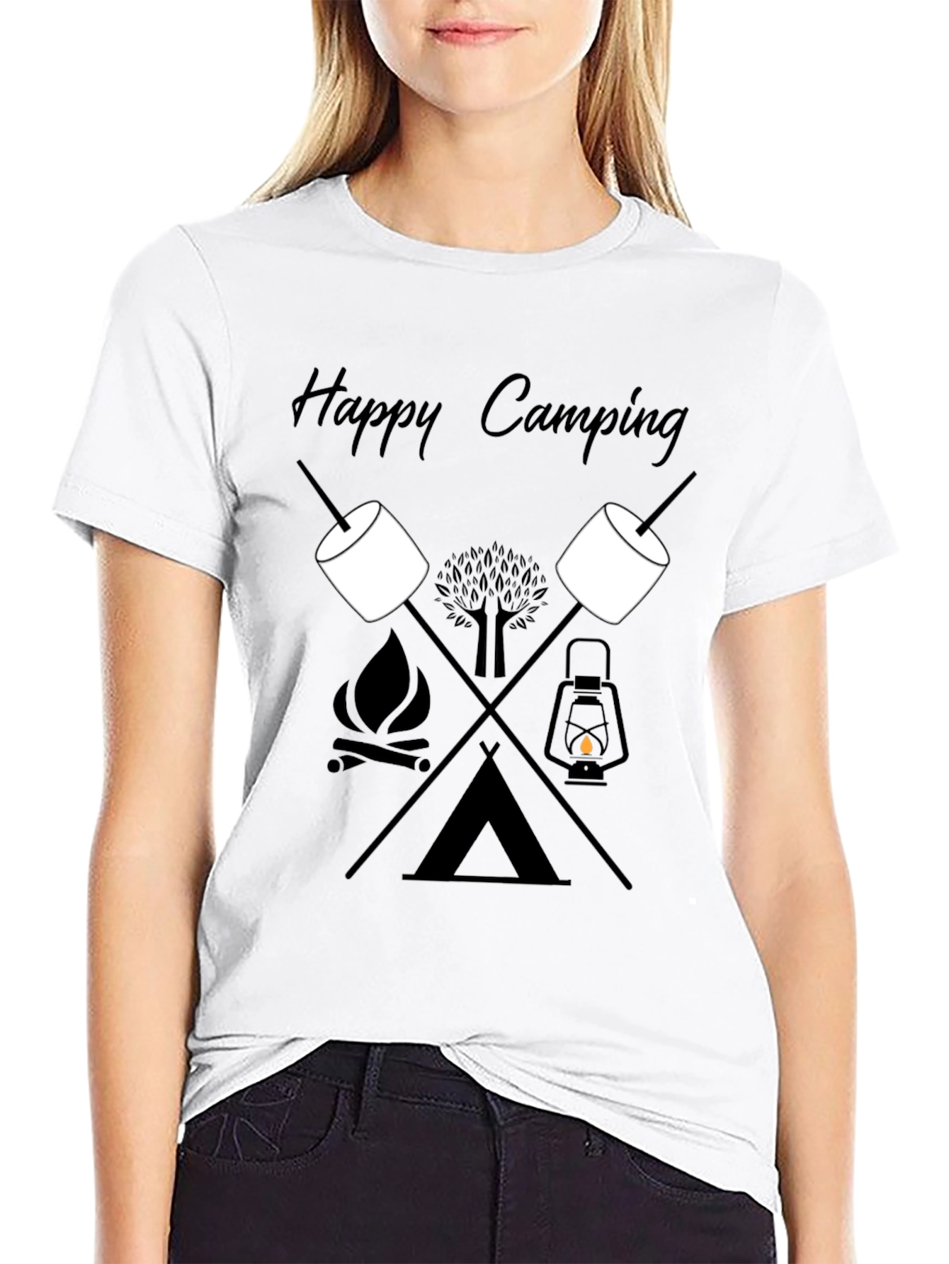 Happy Camping Graphic Tee - Black Cotton T-Shirt