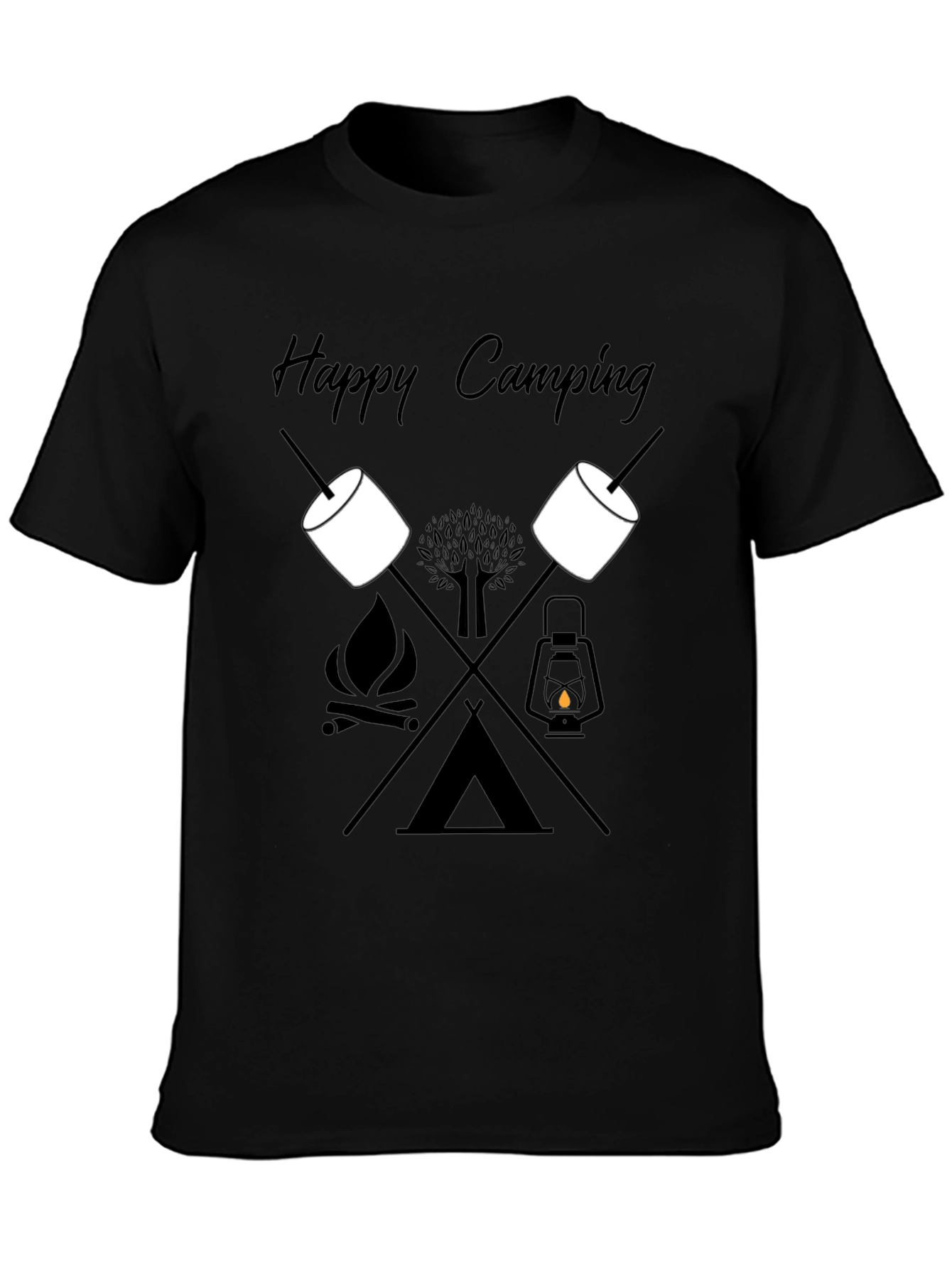 Happy Camping Graphic Tee - Black Cotton T-Shirt