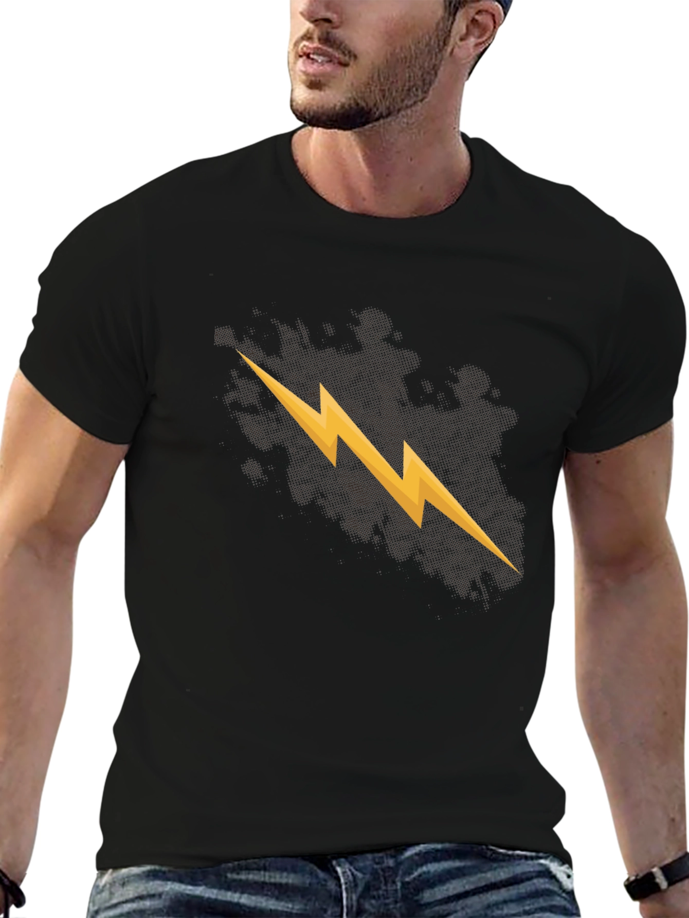Mens Black T-Shirt with Lightning Bolt Graphic