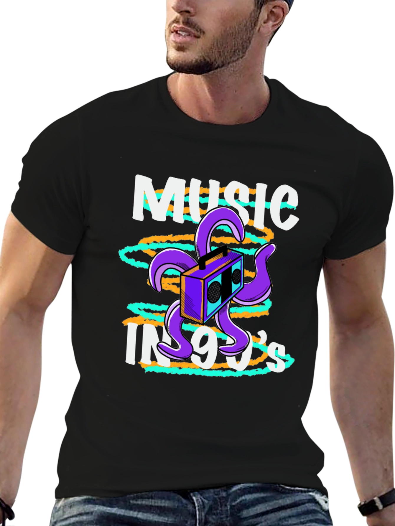90s Music T-Shirt Retro Boombox Octopus Graphic Tee