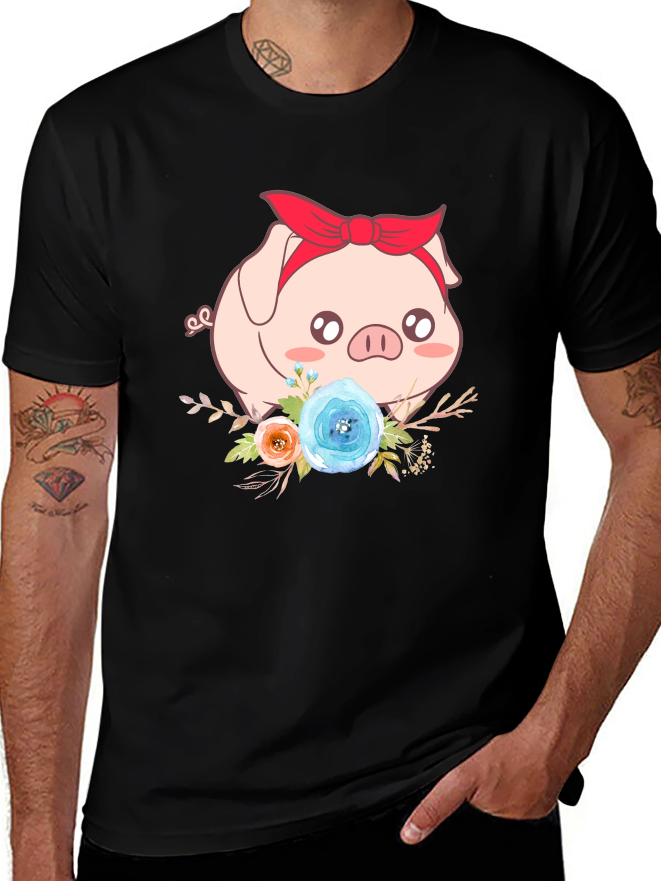 Cute Pig Floral Black T-Shirt