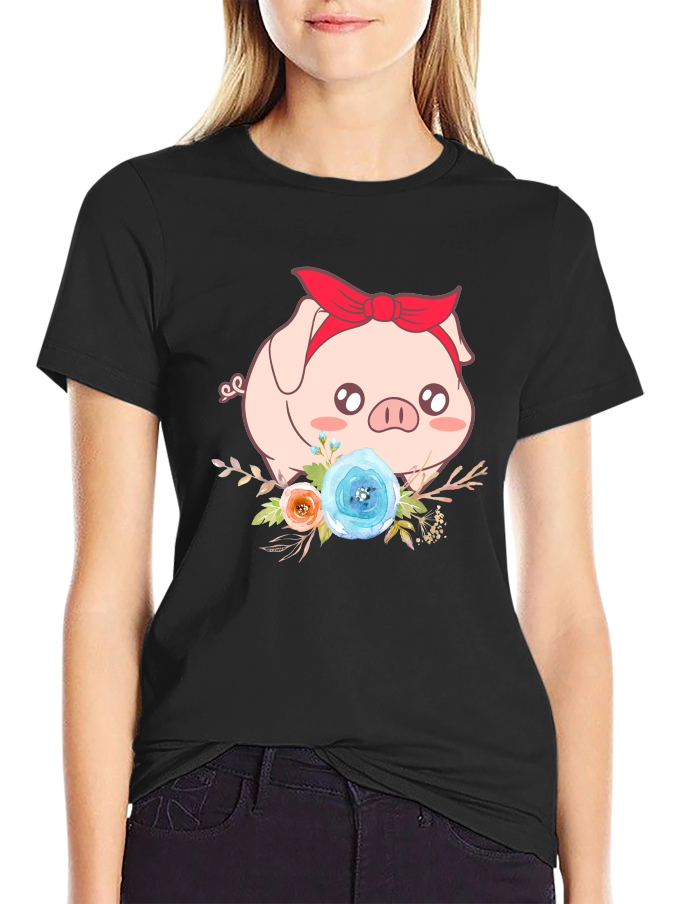 Cute Pig Floral Black T-Shirt