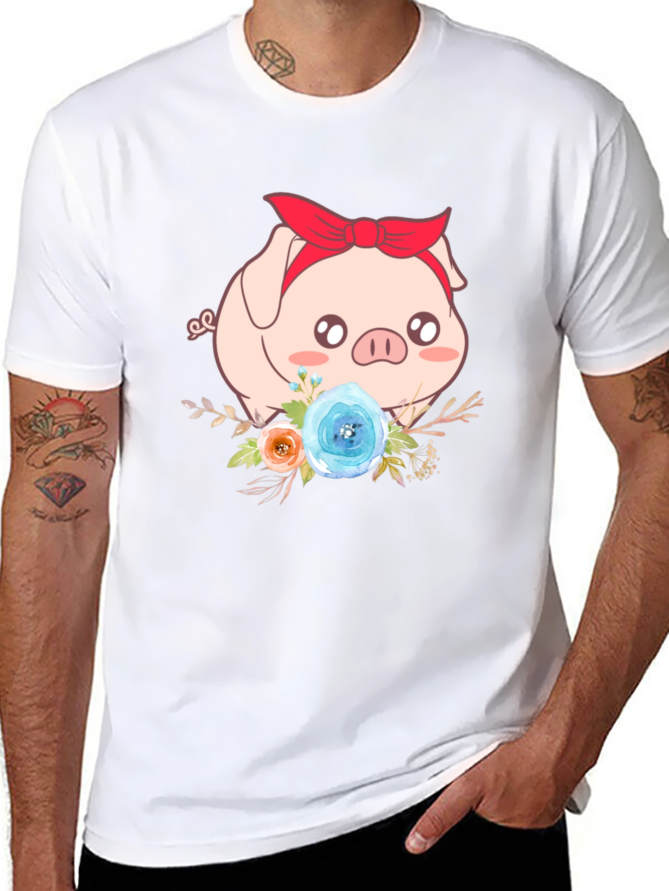 Cute Pig Floral Black T-Shirt