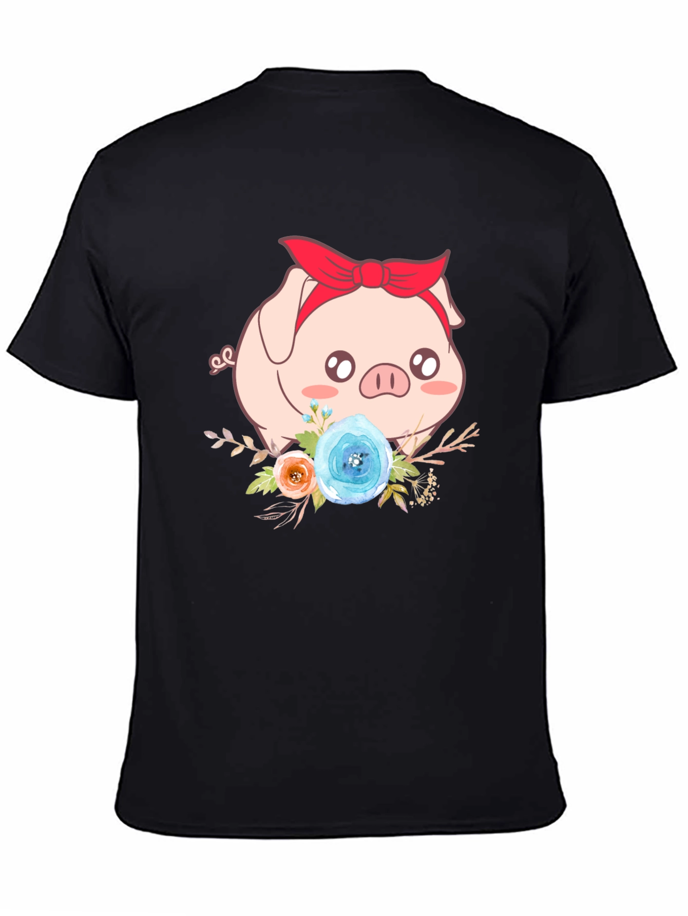 Cute Pig Floral Black T-Shirt
