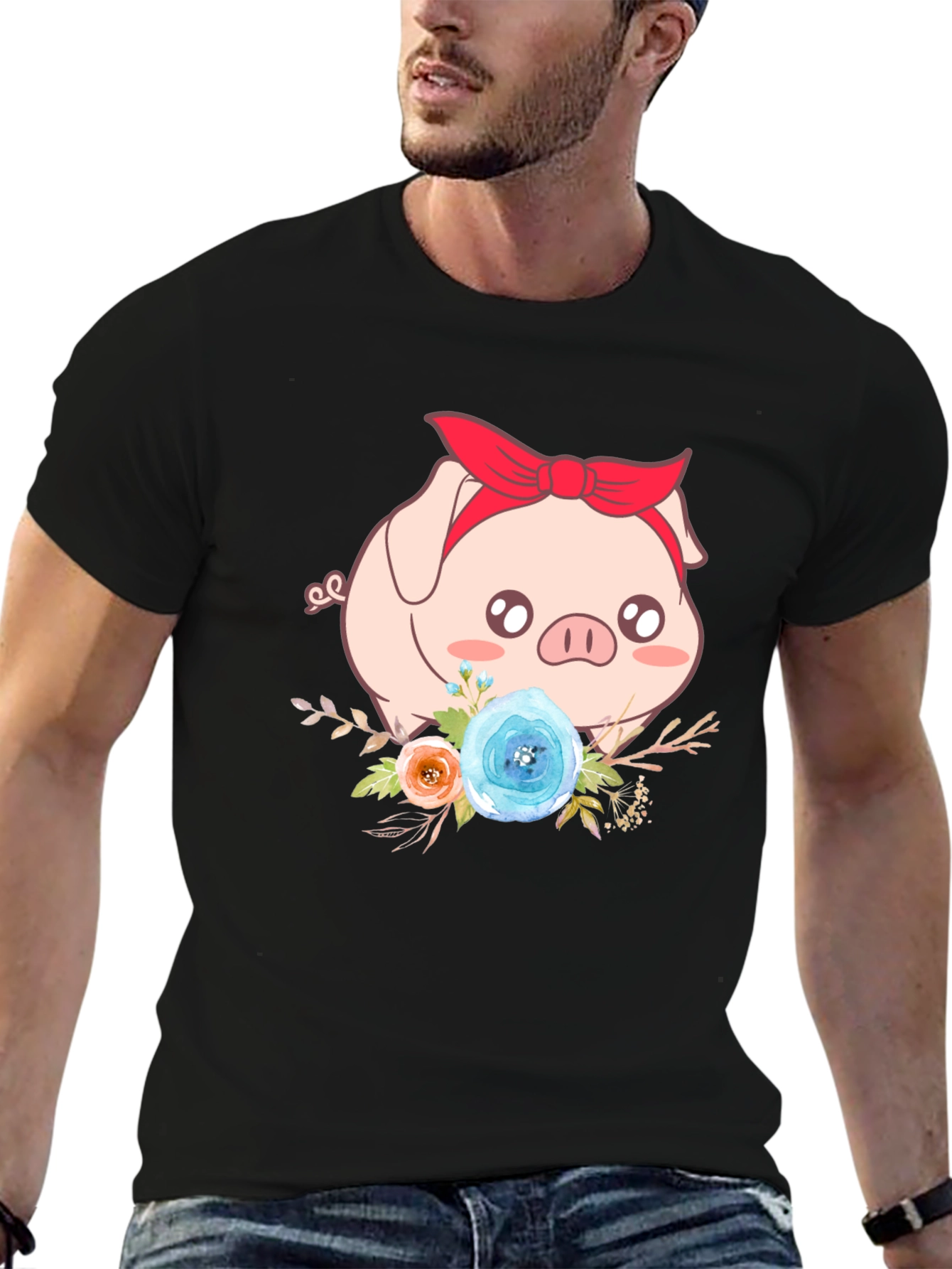 Cute Pig Floral Black T-Shirt