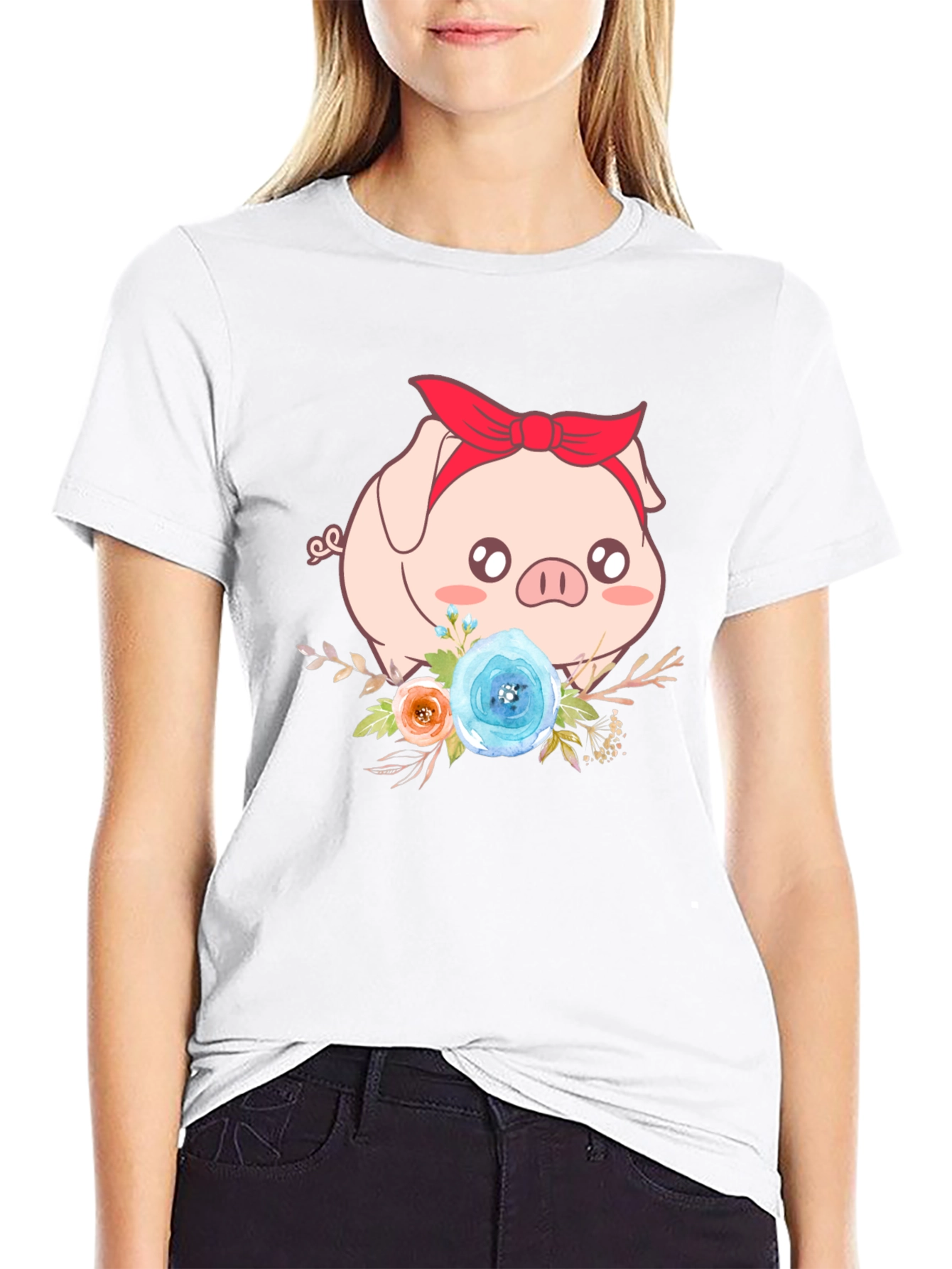 Cute Pig Floral Black T-Shirt