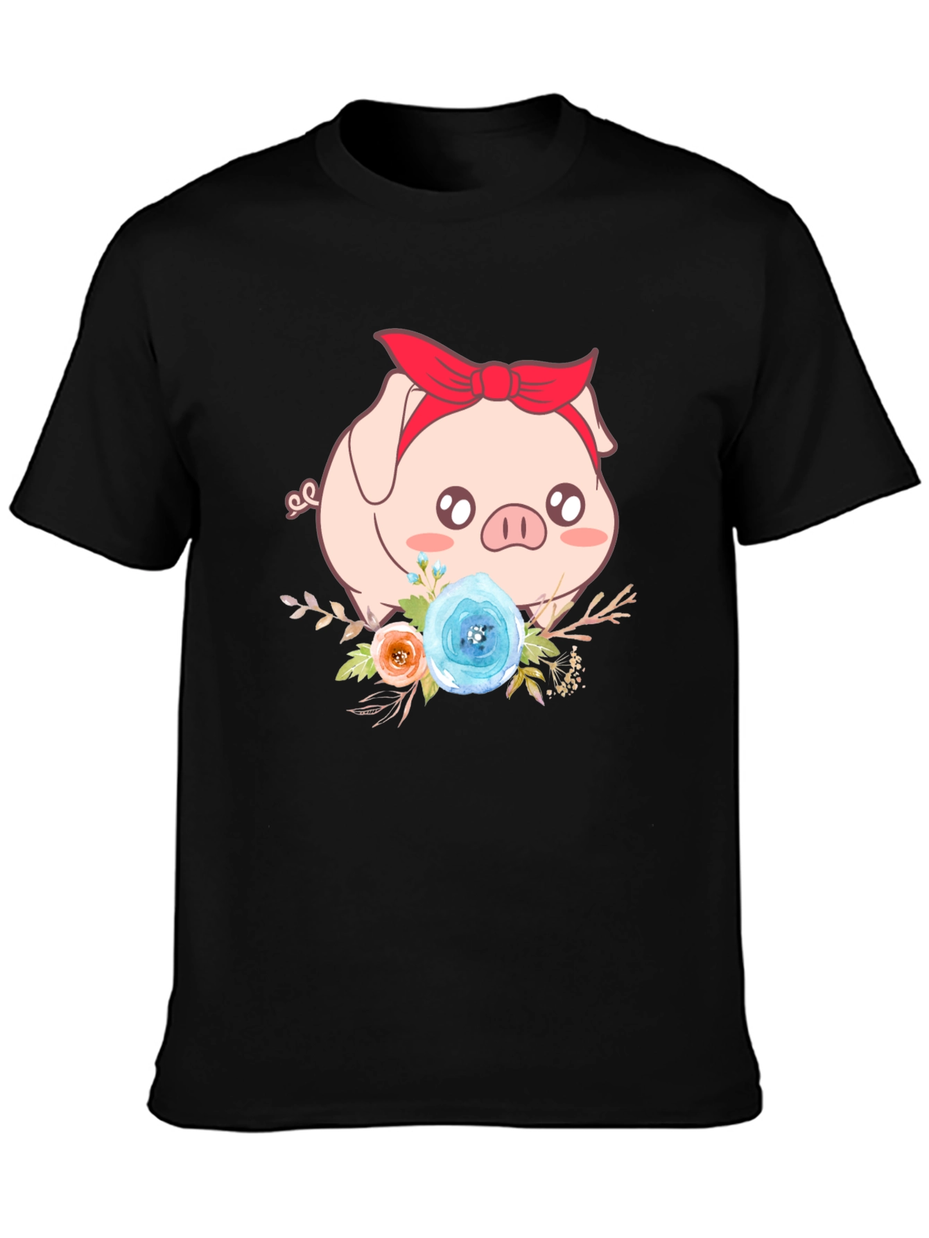 Cute Pig Floral Black T-Shirt