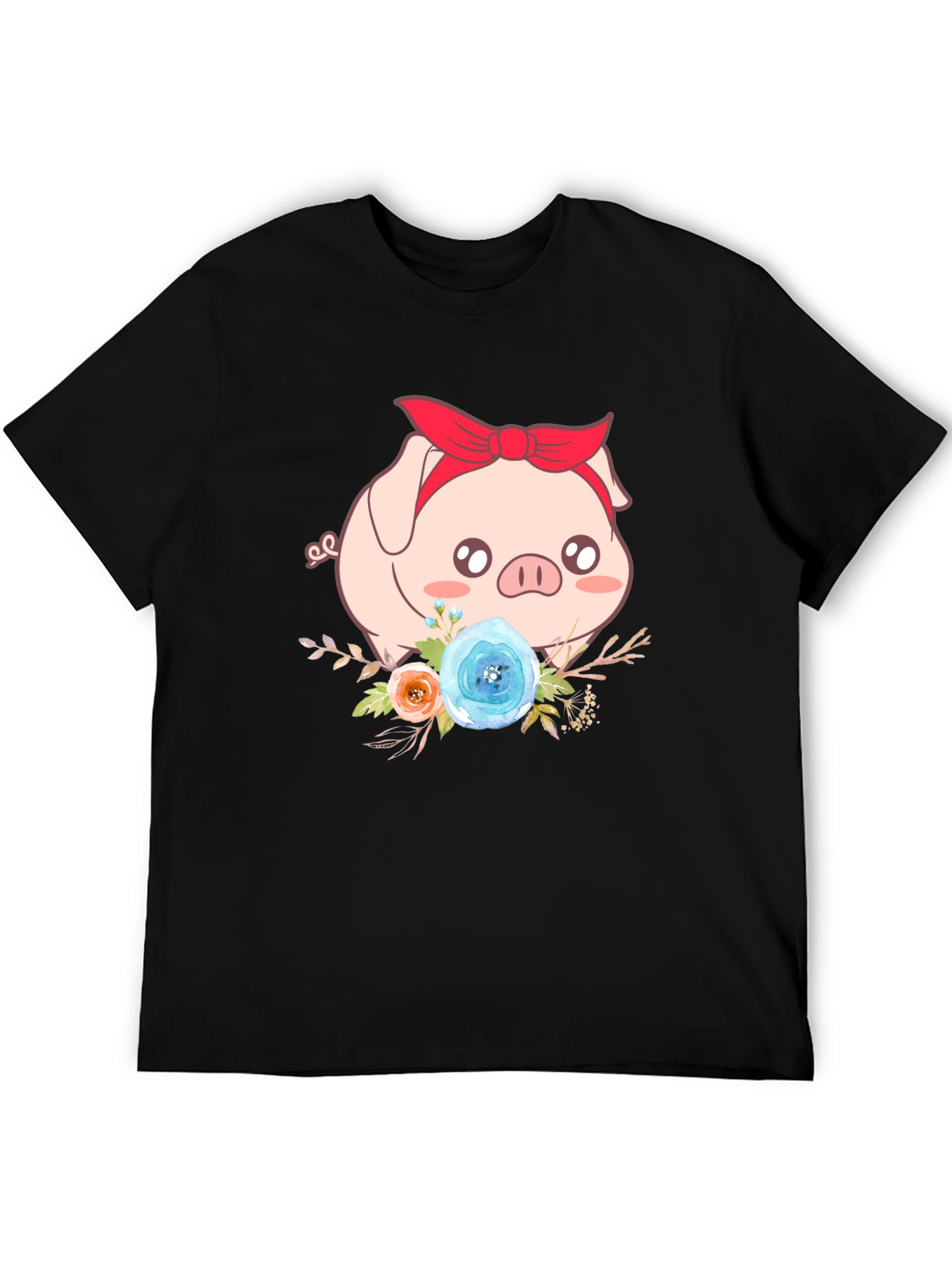 Cute Pig Floral Black T-Shirt