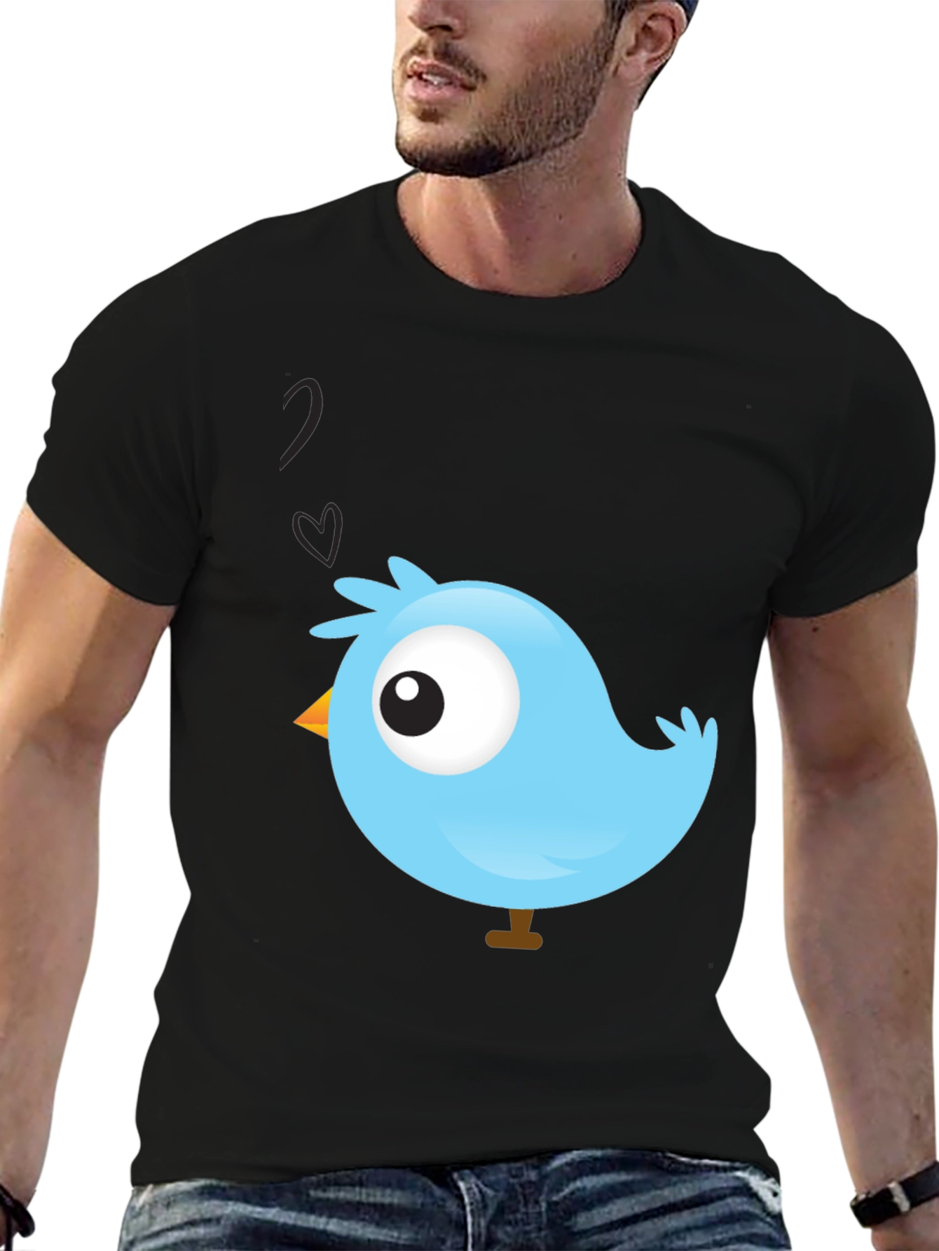 Cute Blue Bird Graphic Black T-Shirt