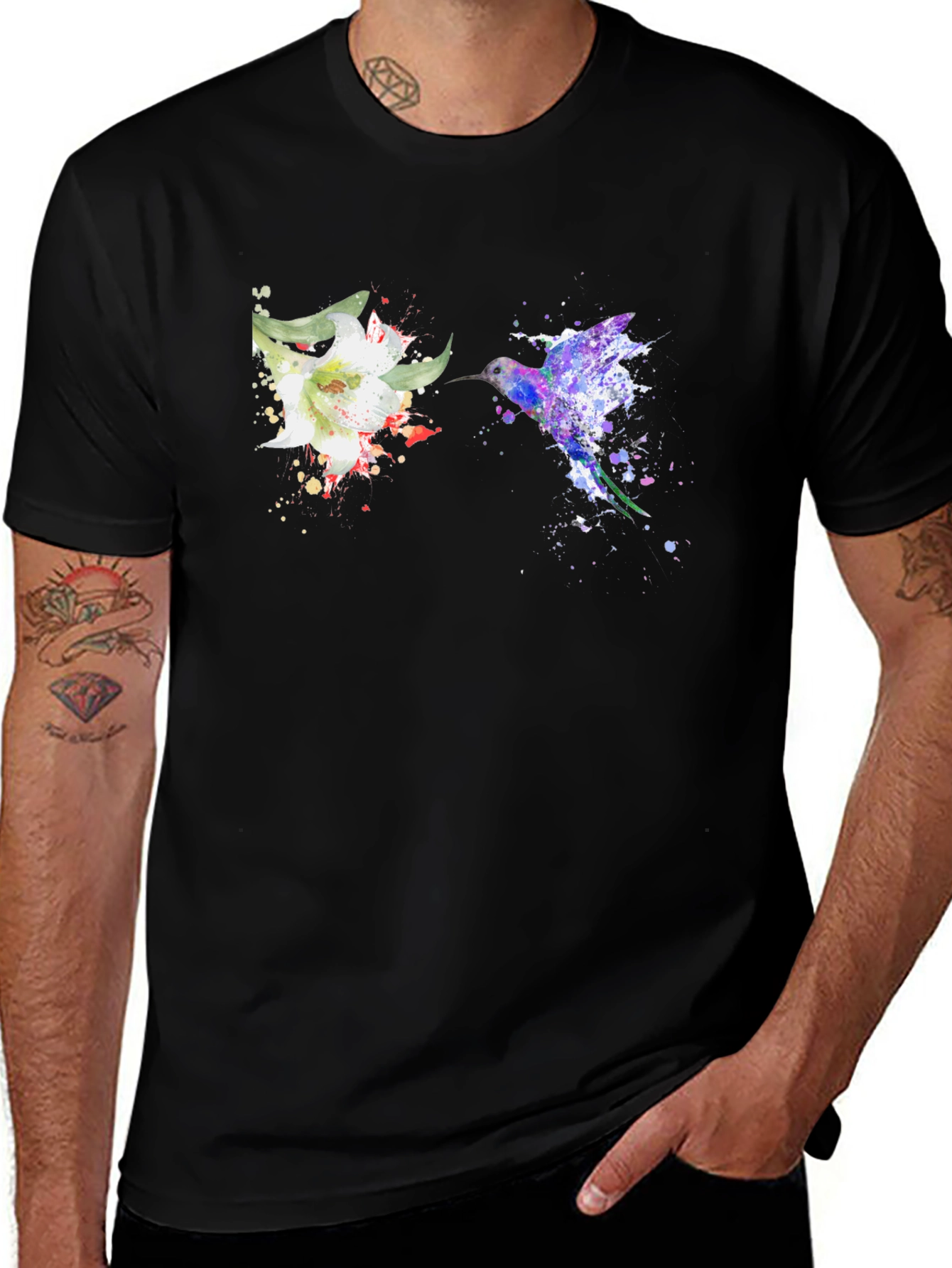 Hummingbird & Flower Graphic Black T-Shirt
