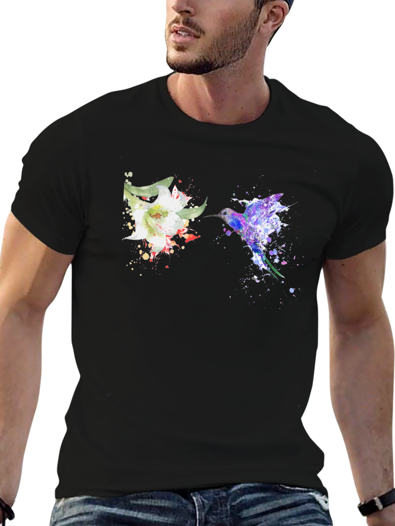 Hummingbird & Flower Graphic Black T-Shirt