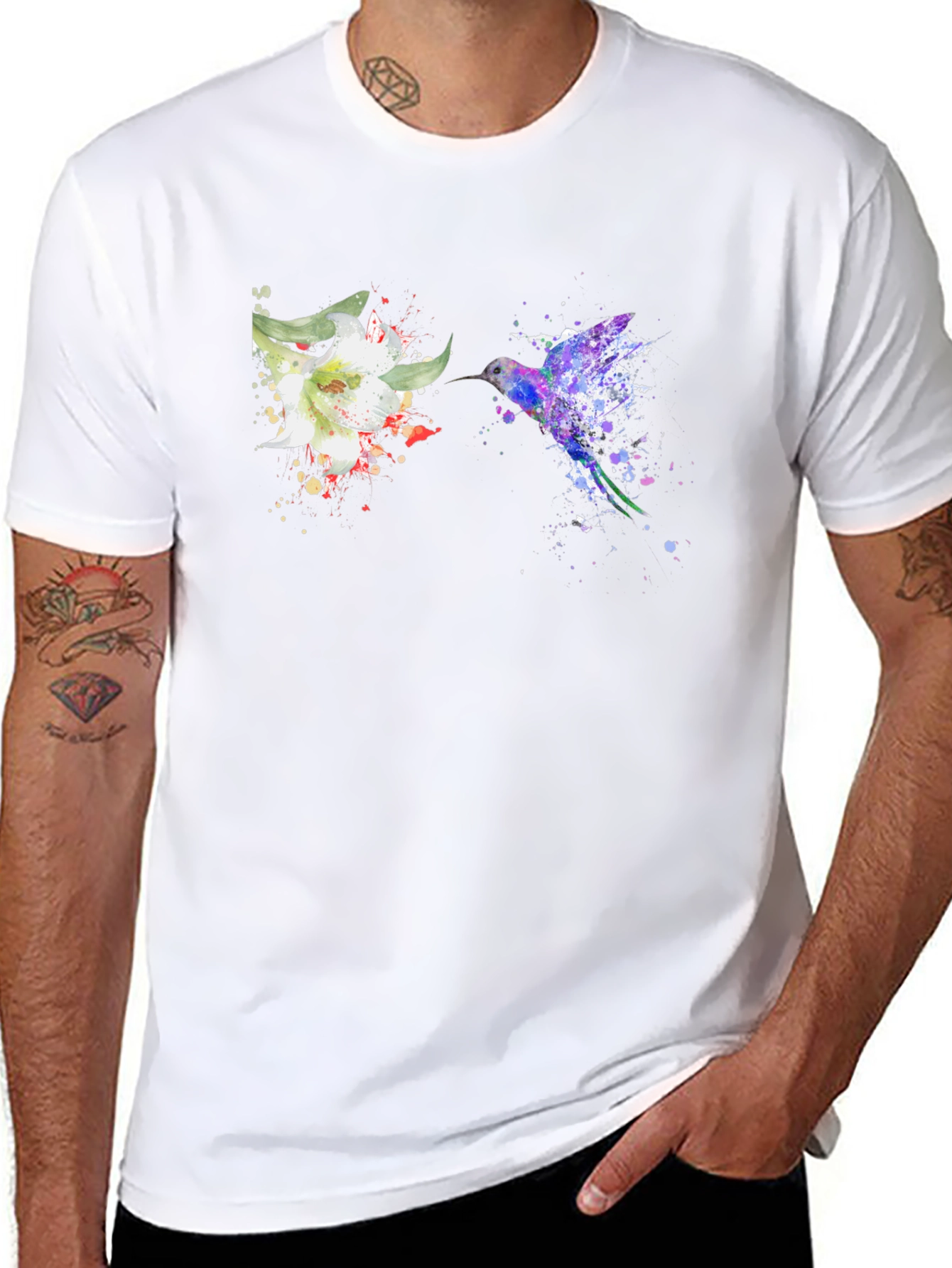 Hummingbird & Flower Graphic Black T-Shirt
