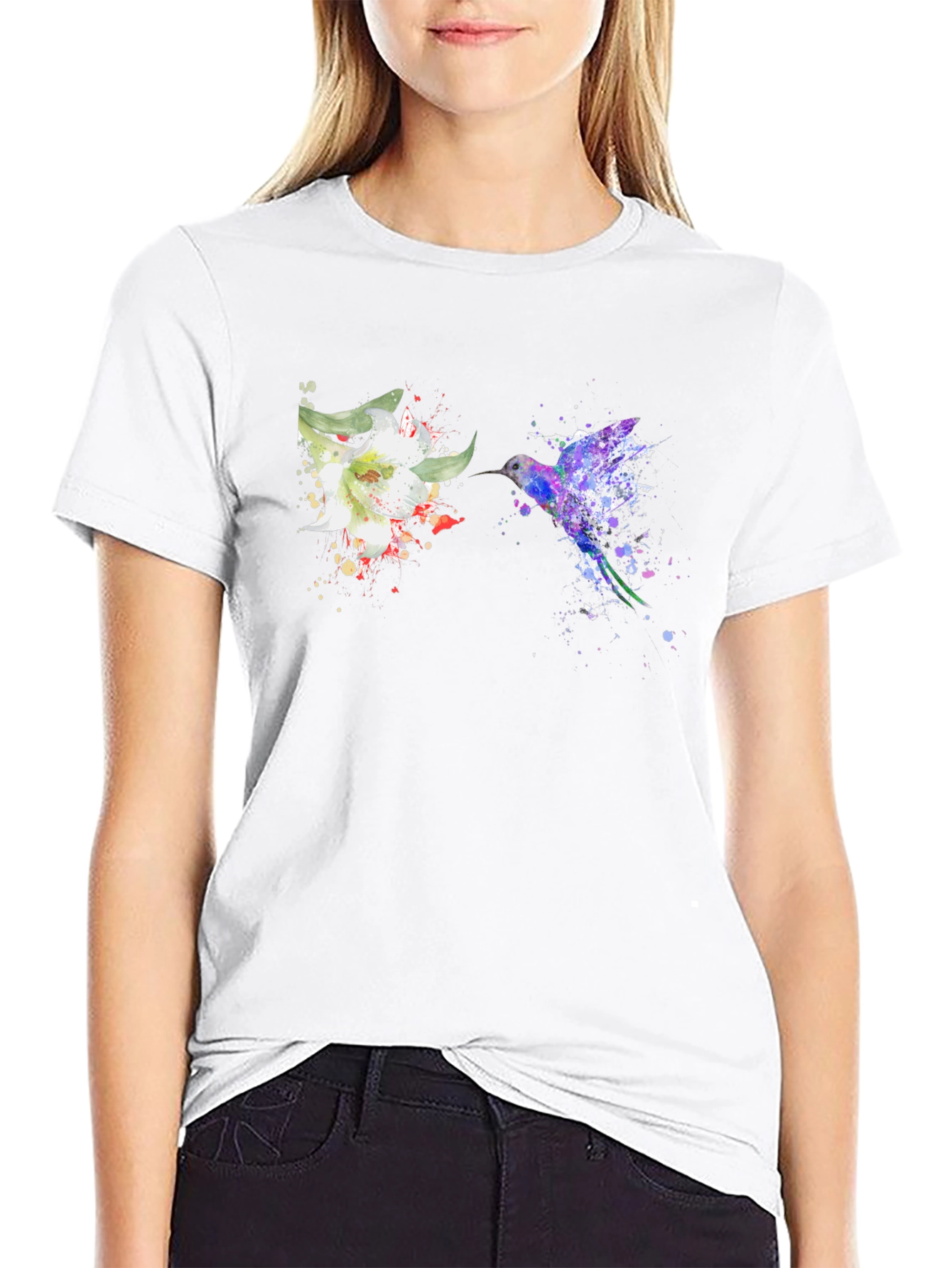 Hummingbird & Flower Graphic Black T-Shirt