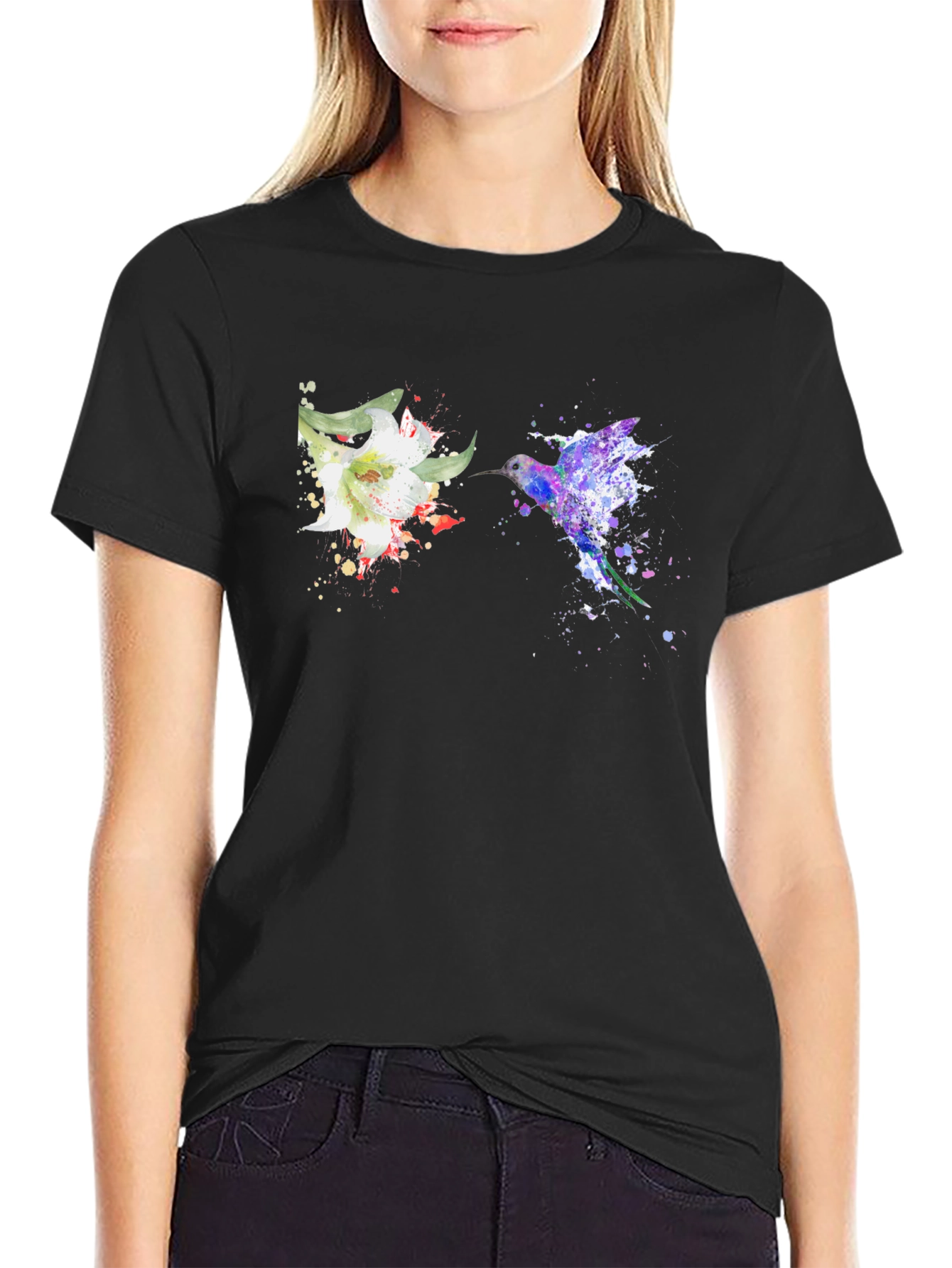 Hummingbird & Flower Graphic Black T-Shirt
