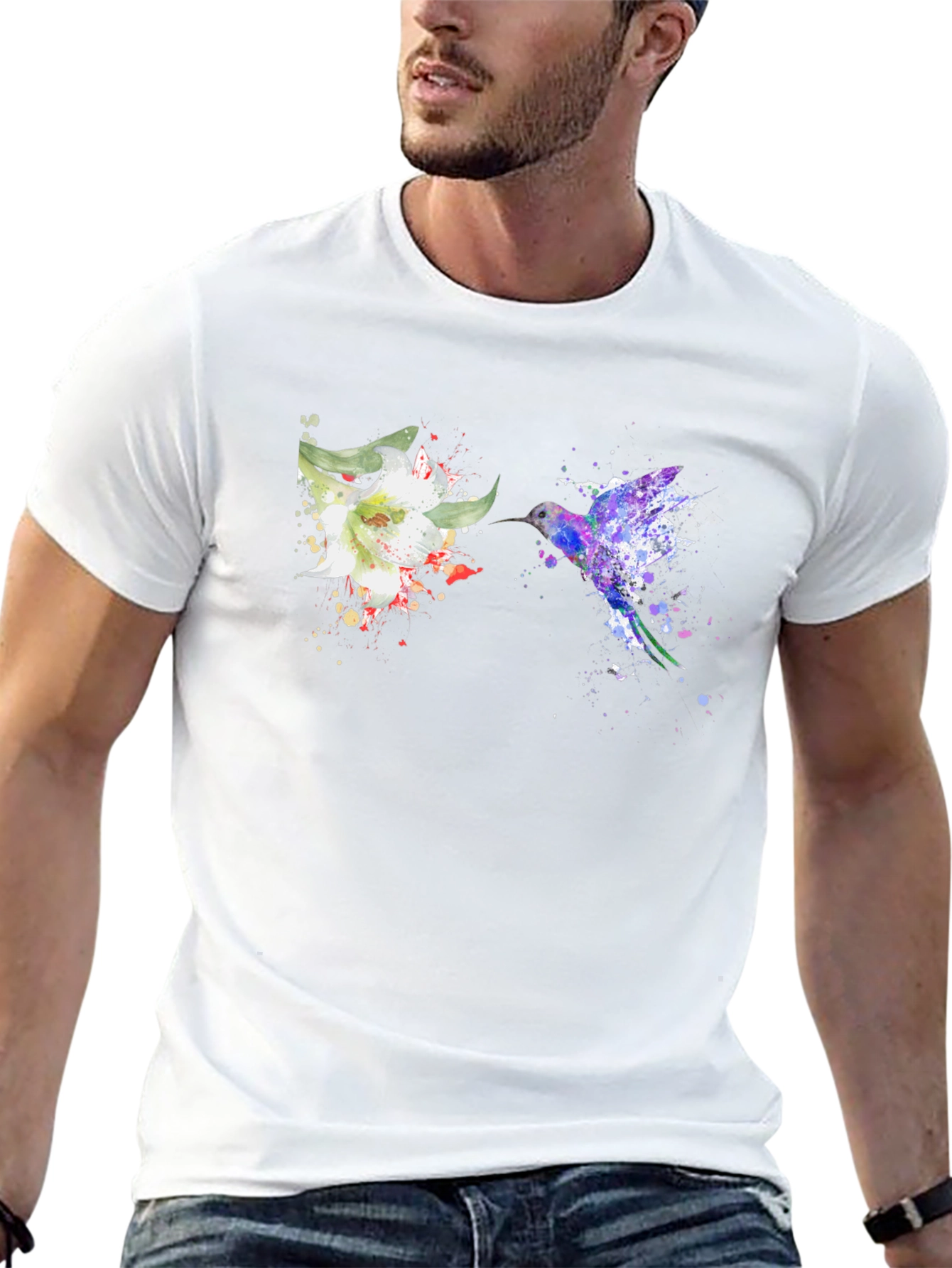 Hummingbird & Flower Graphic Black T-Shirt