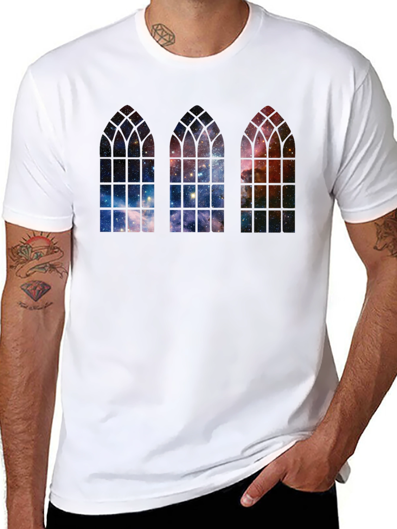 Cosmic Cathedral Window T-Shirt - Gothic Galaxy Tee