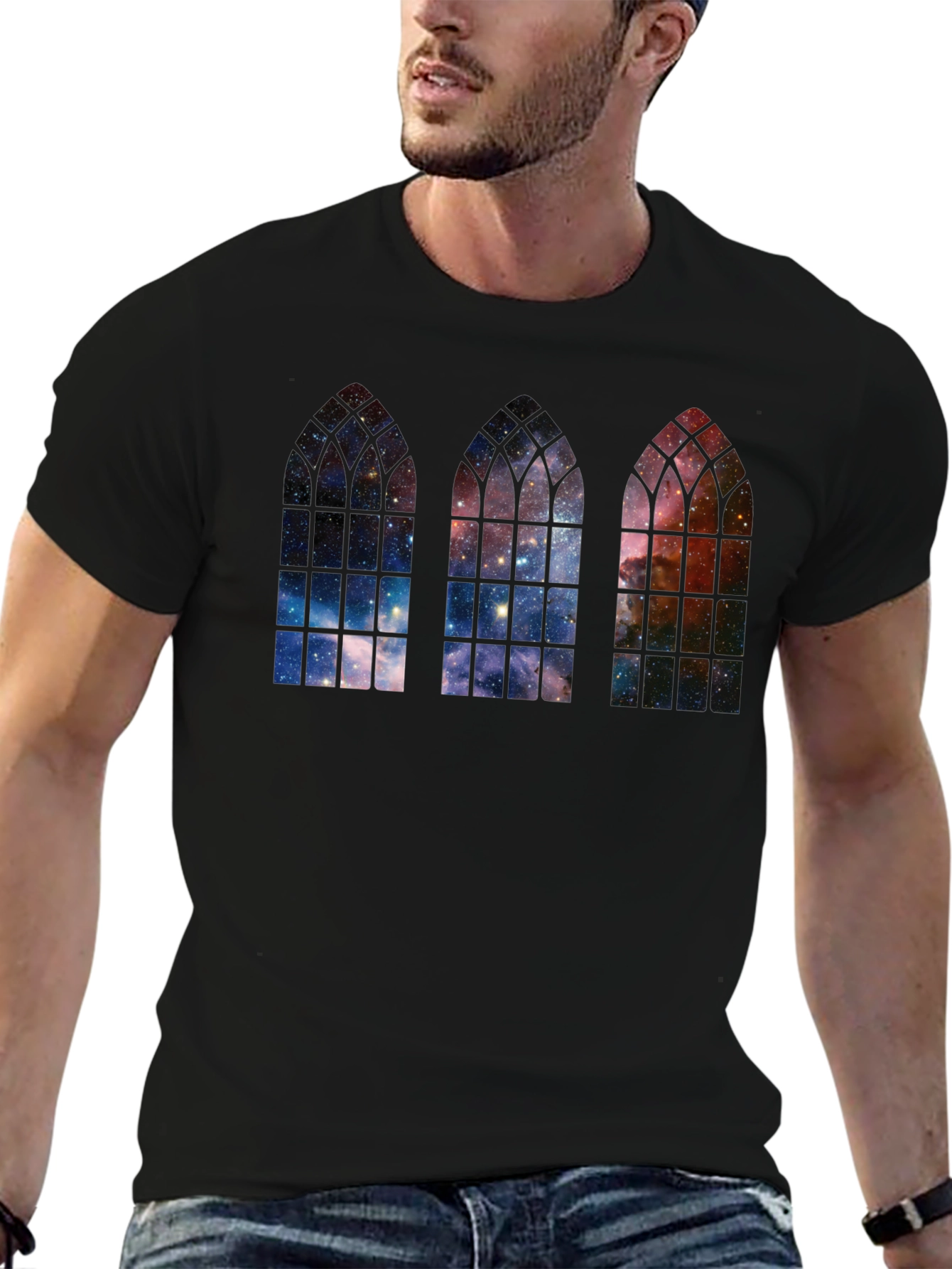 Cosmic Cathedral Window T-Shirt - Gothic Galaxy Tee