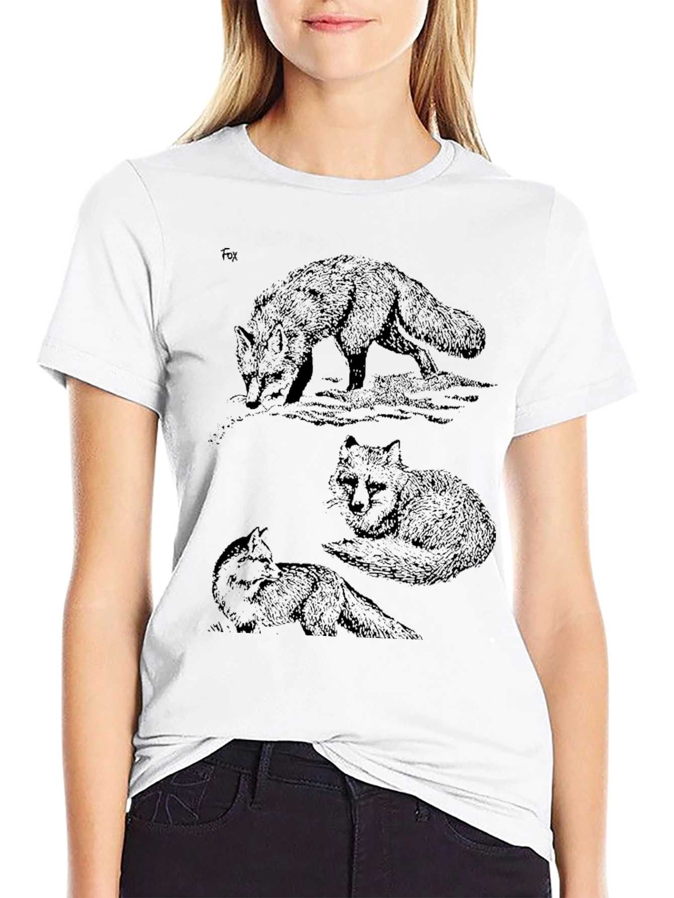 Fox Sketch Print Black T-Shirt