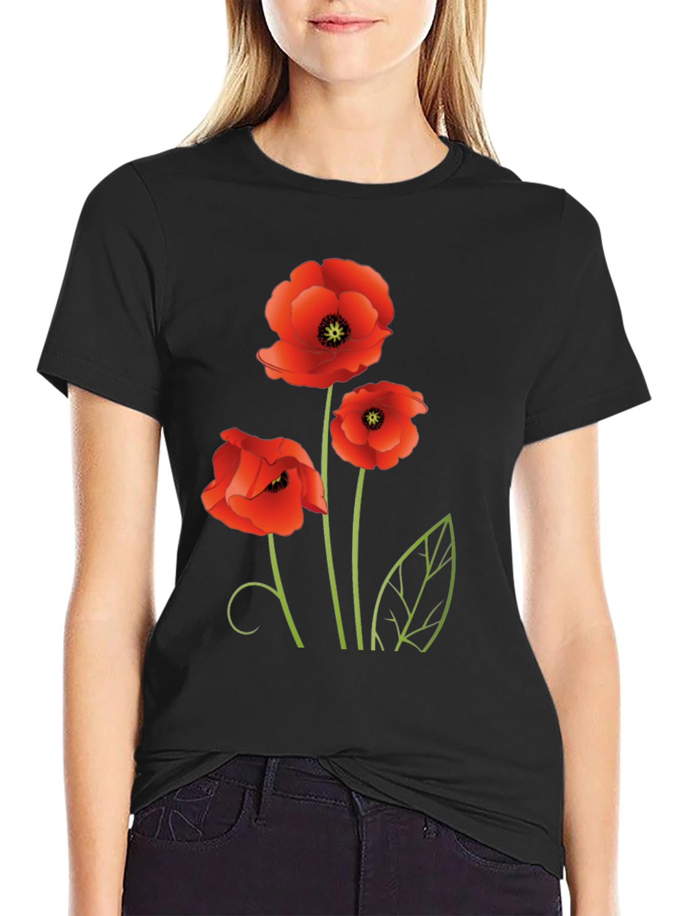 Poppy Flower Graphic Black T-Shirt