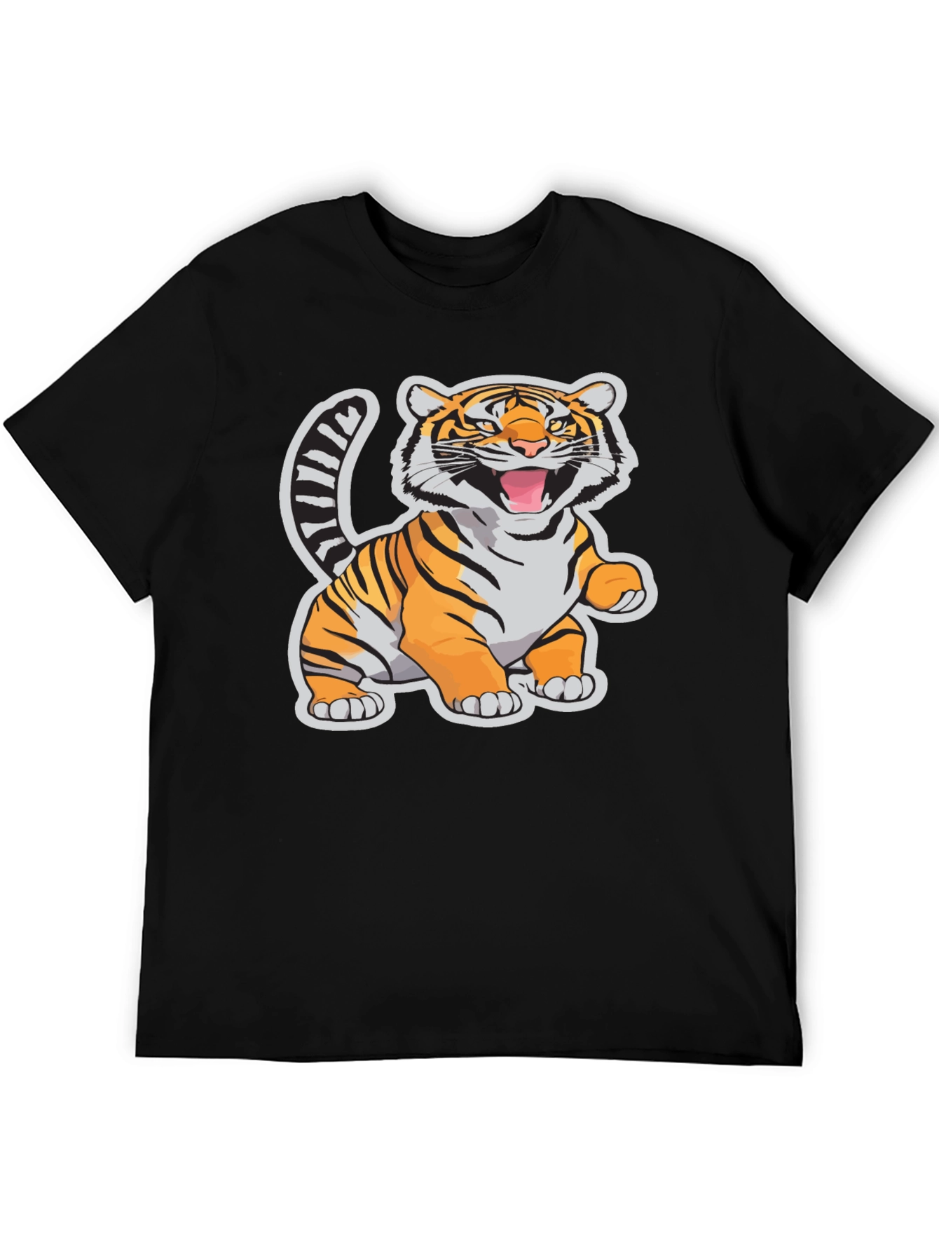 Cartoon Tiger Graphic Tee - Black Cotton T-Shirt