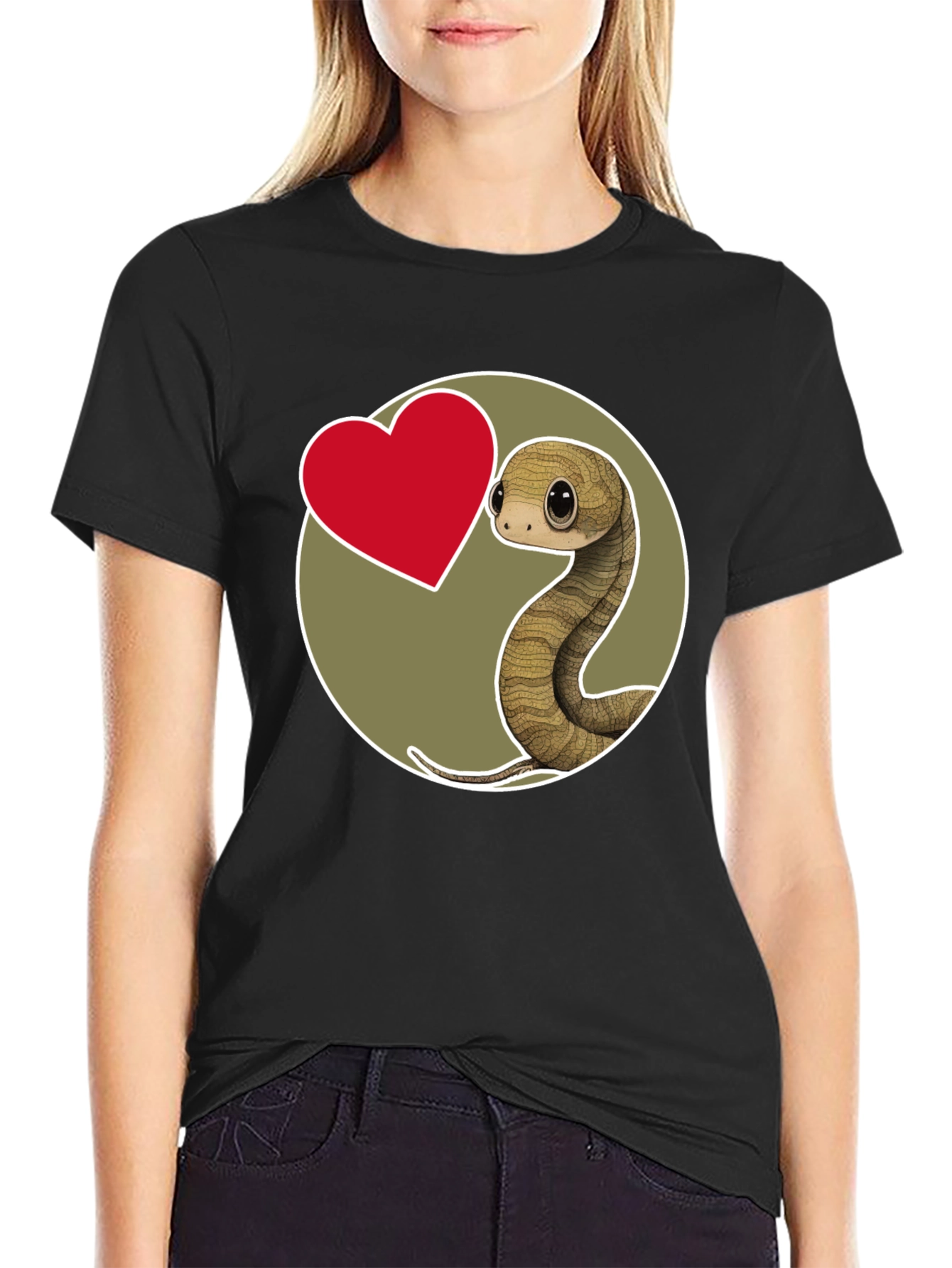 Cute Snake Heart Graphic T-Shirt - Black Cotton Blend