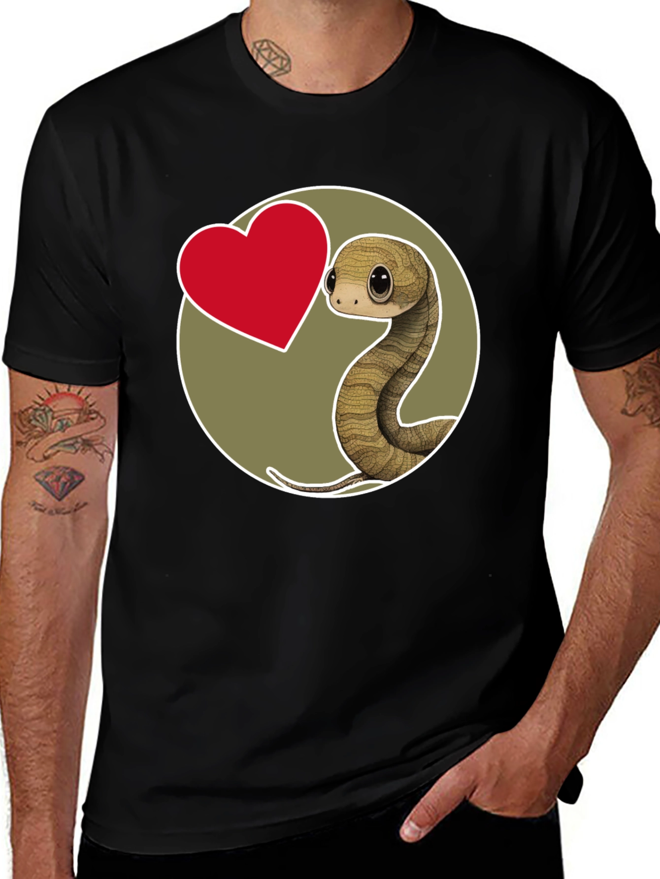 Cute Snake Heart Graphic T-Shirt - Black Cotton Blend