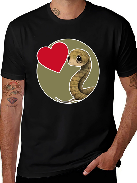Cute Snake Heart Graphic T-Shirt - Black Cotton Blend