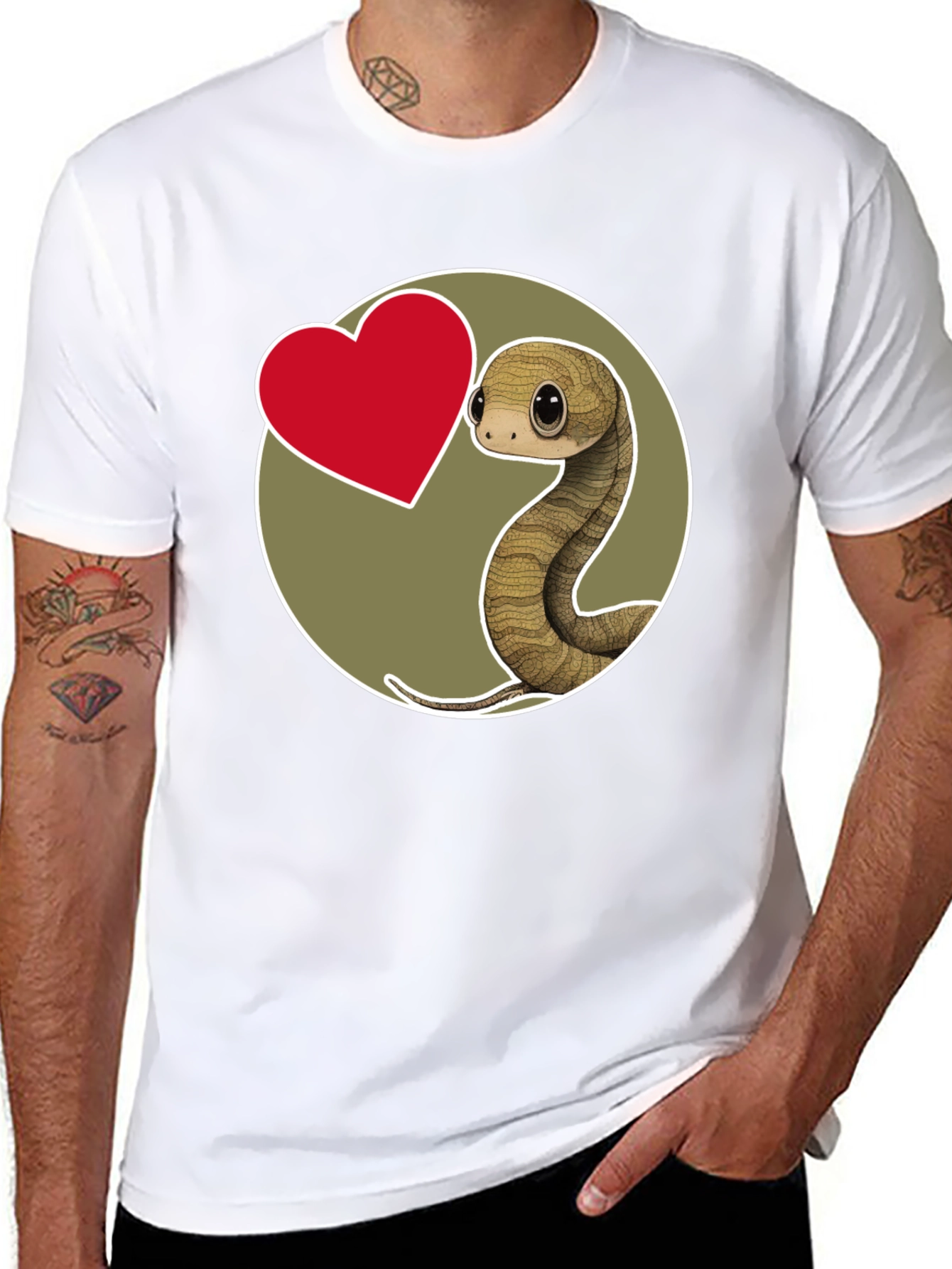 Cute Snake Heart Graphic T-Shirt - Black Cotton Blend