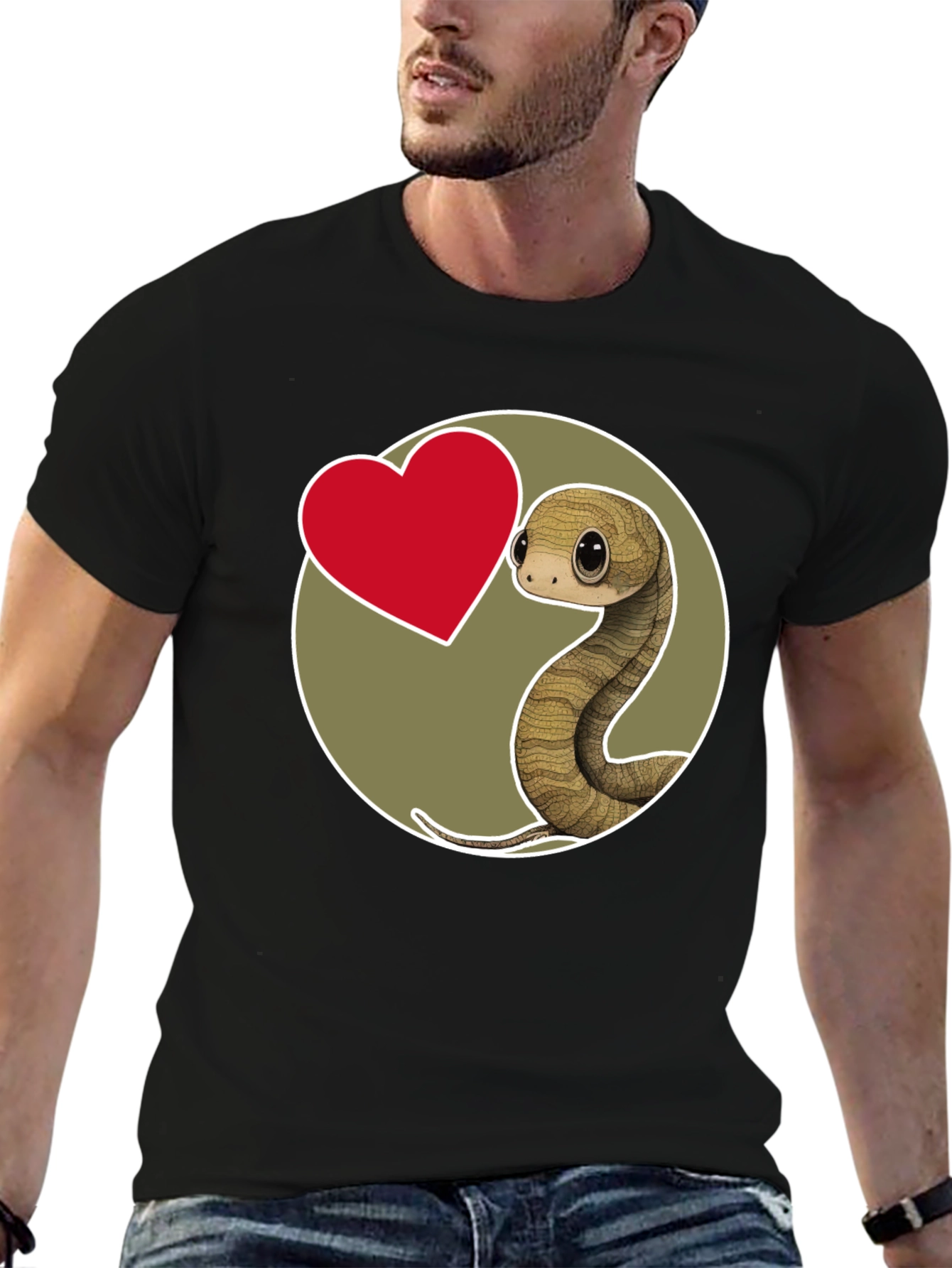 Cute Snake Heart Graphic T-Shirt - Black Cotton Blend