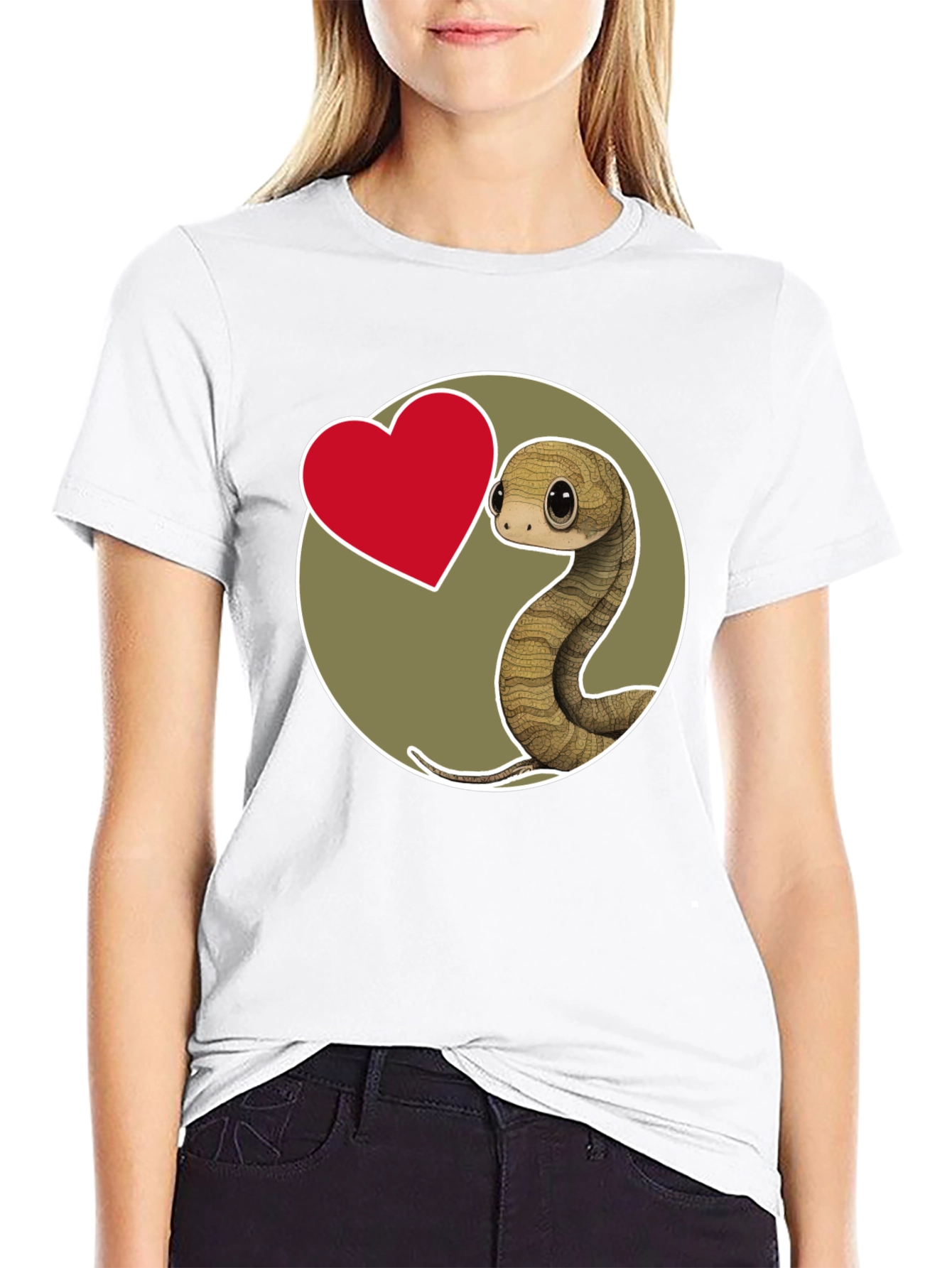 Cute Snake Heart Graphic T-Shirt - Black Cotton Blend