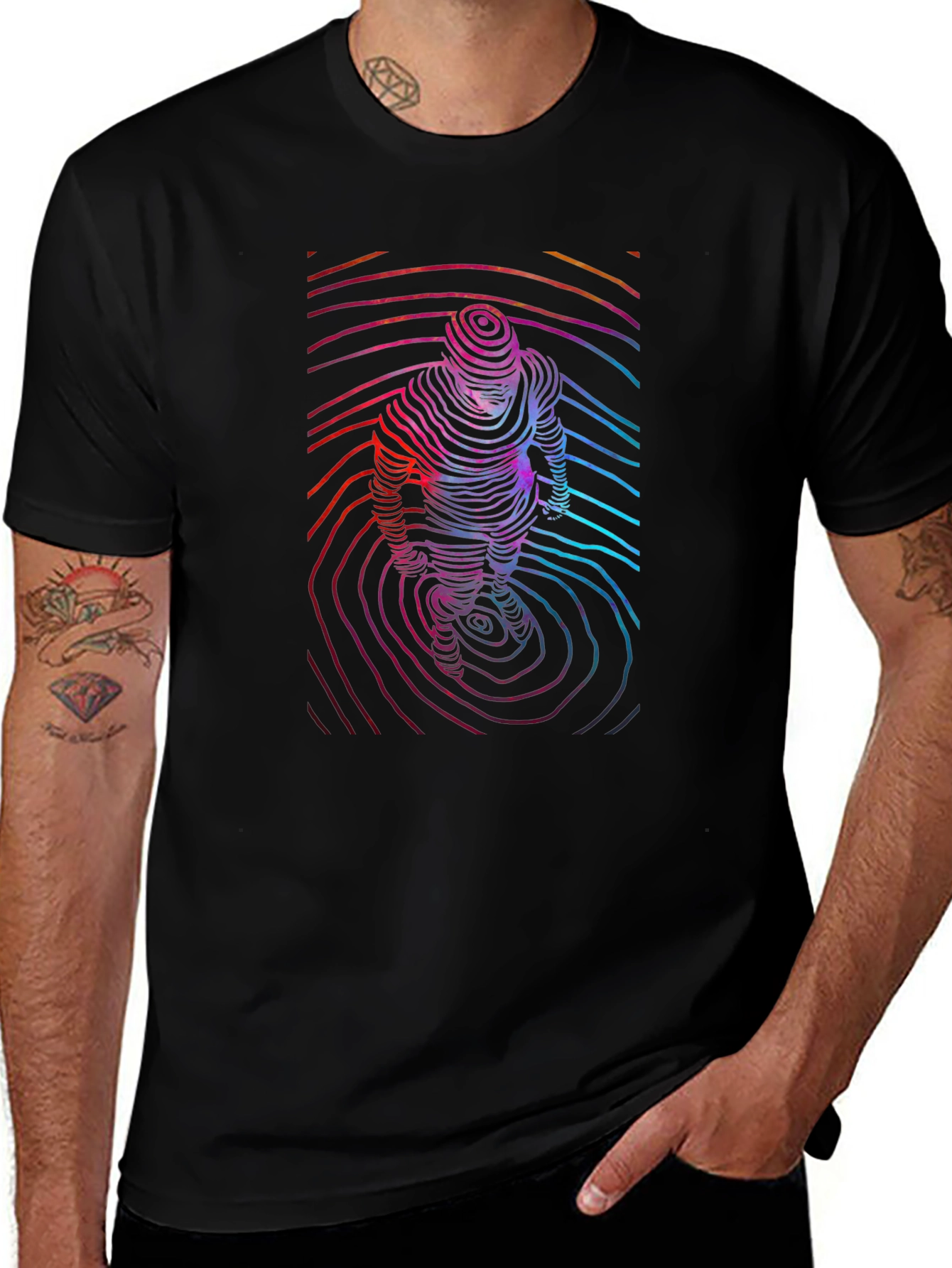 Abstract Topographic Figure Print Mens Black Tee