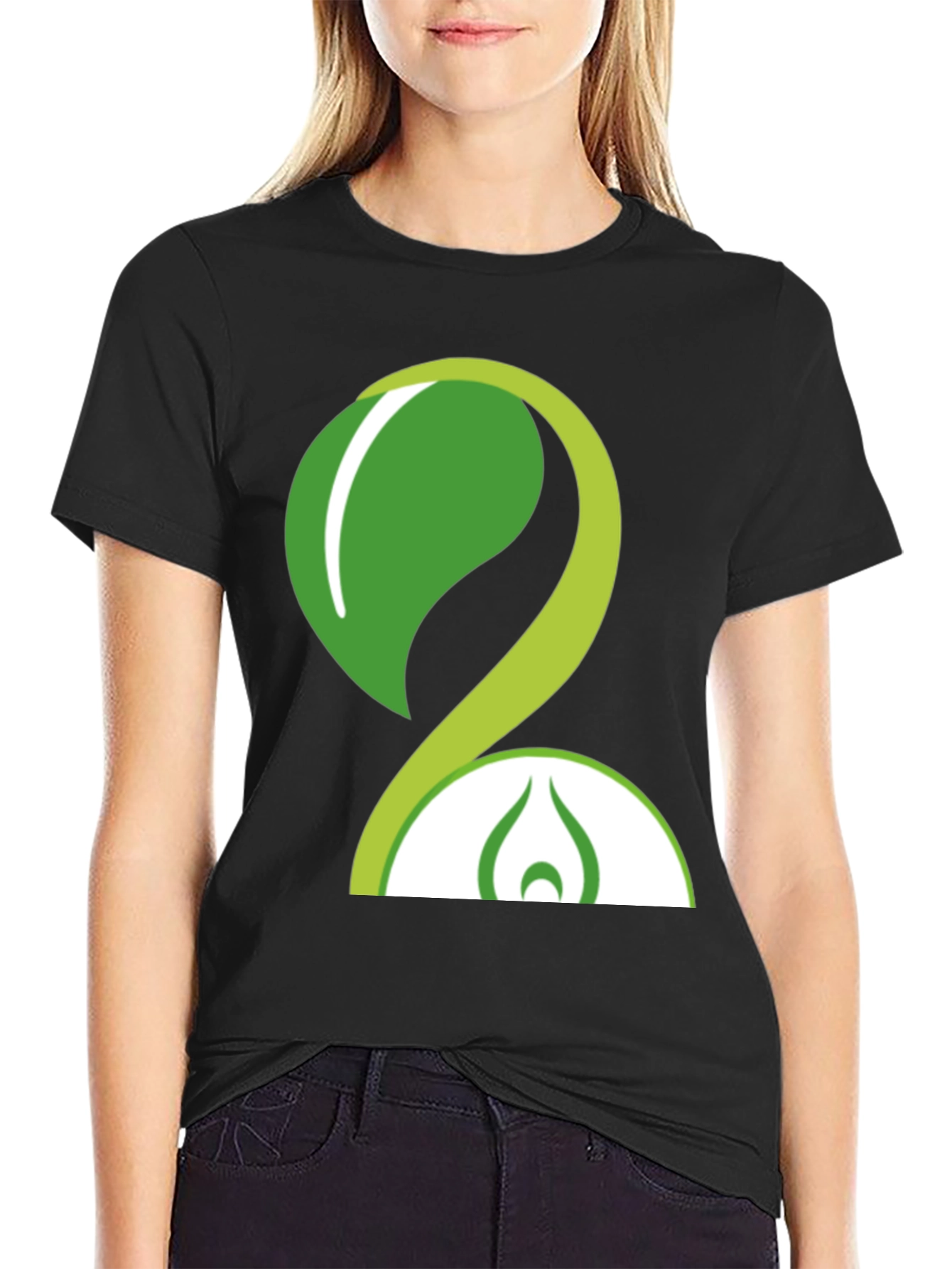 Eco-Friendly Green Leaf Design Black T-Shirt