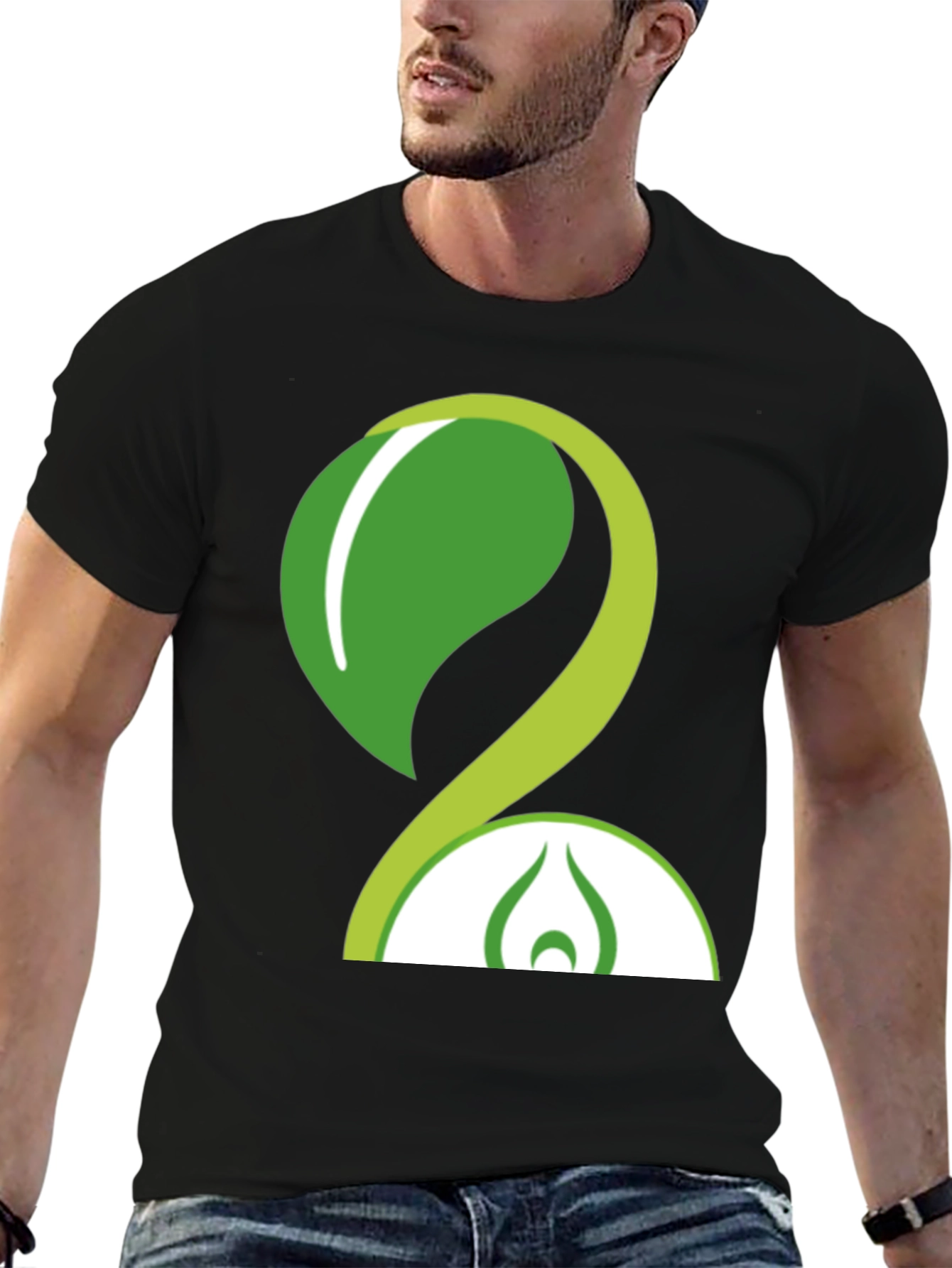 Eco-Friendly Green Leaf Design Black T-Shirt