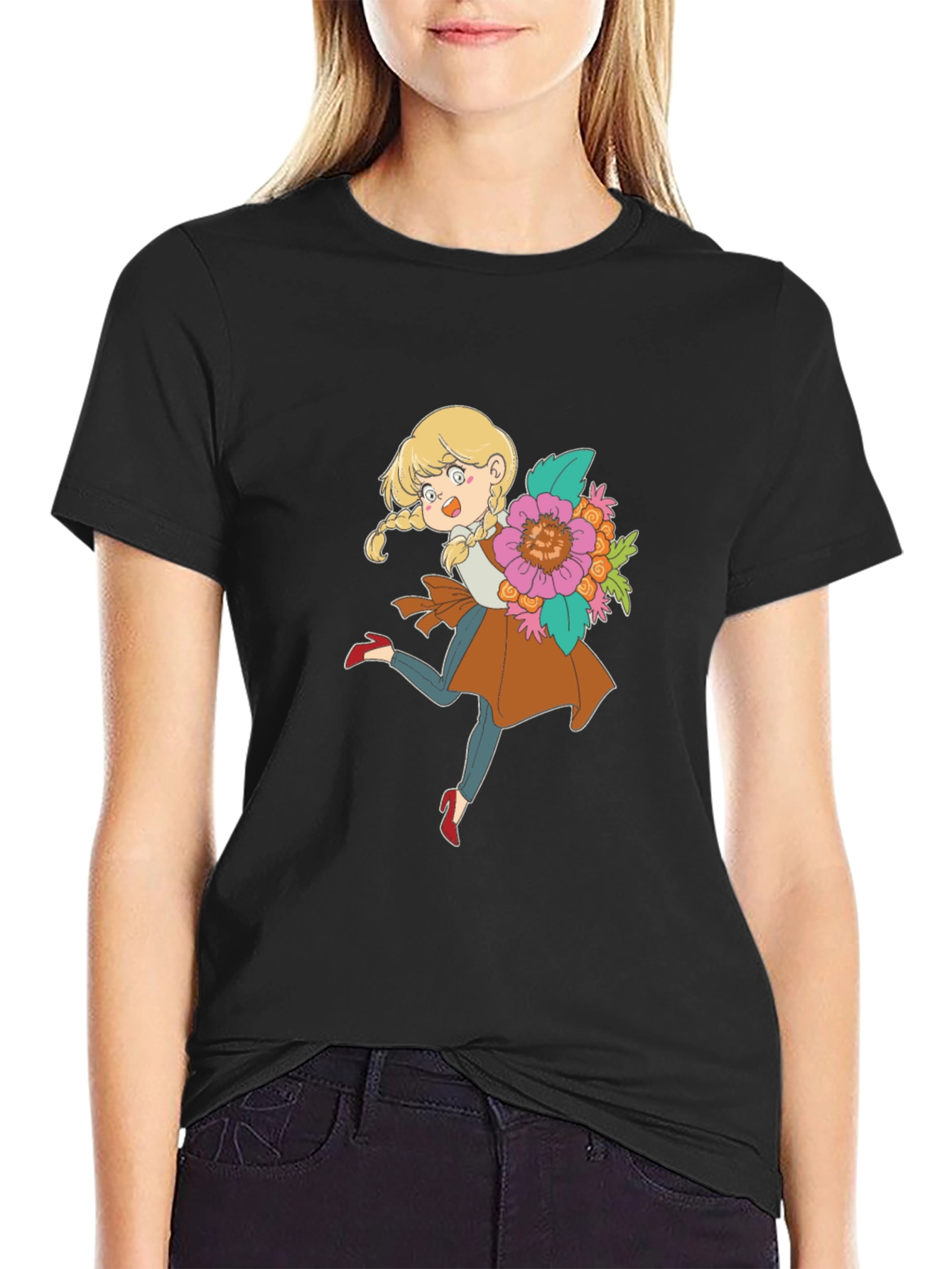 Floral Girl Cartoon Graphic Tee