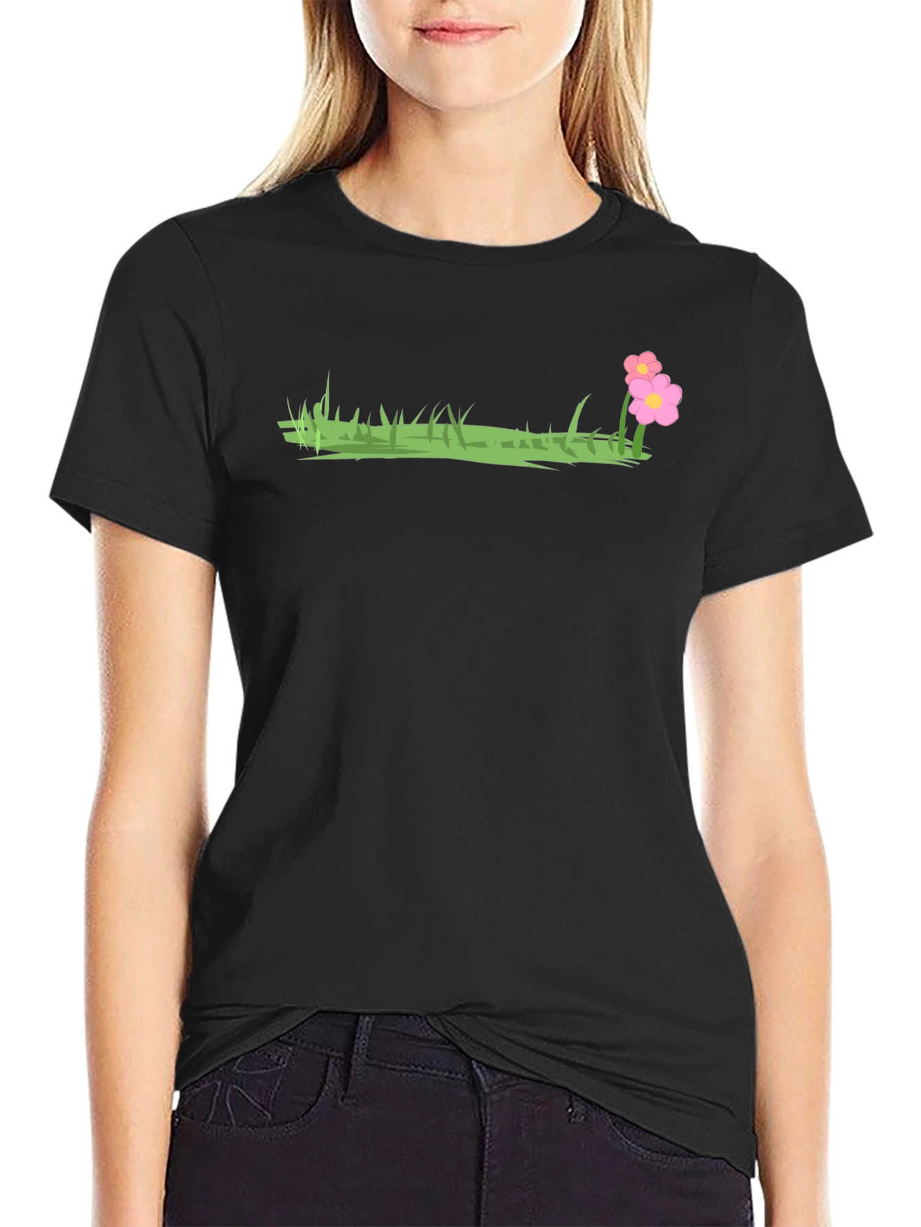 Black T-Shirt with Grass and Flower Design