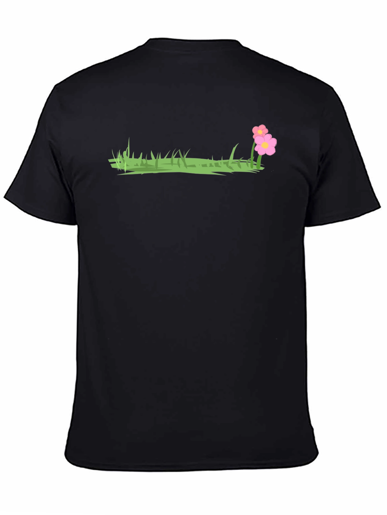 Black T-Shirt with Grass and Flower Design