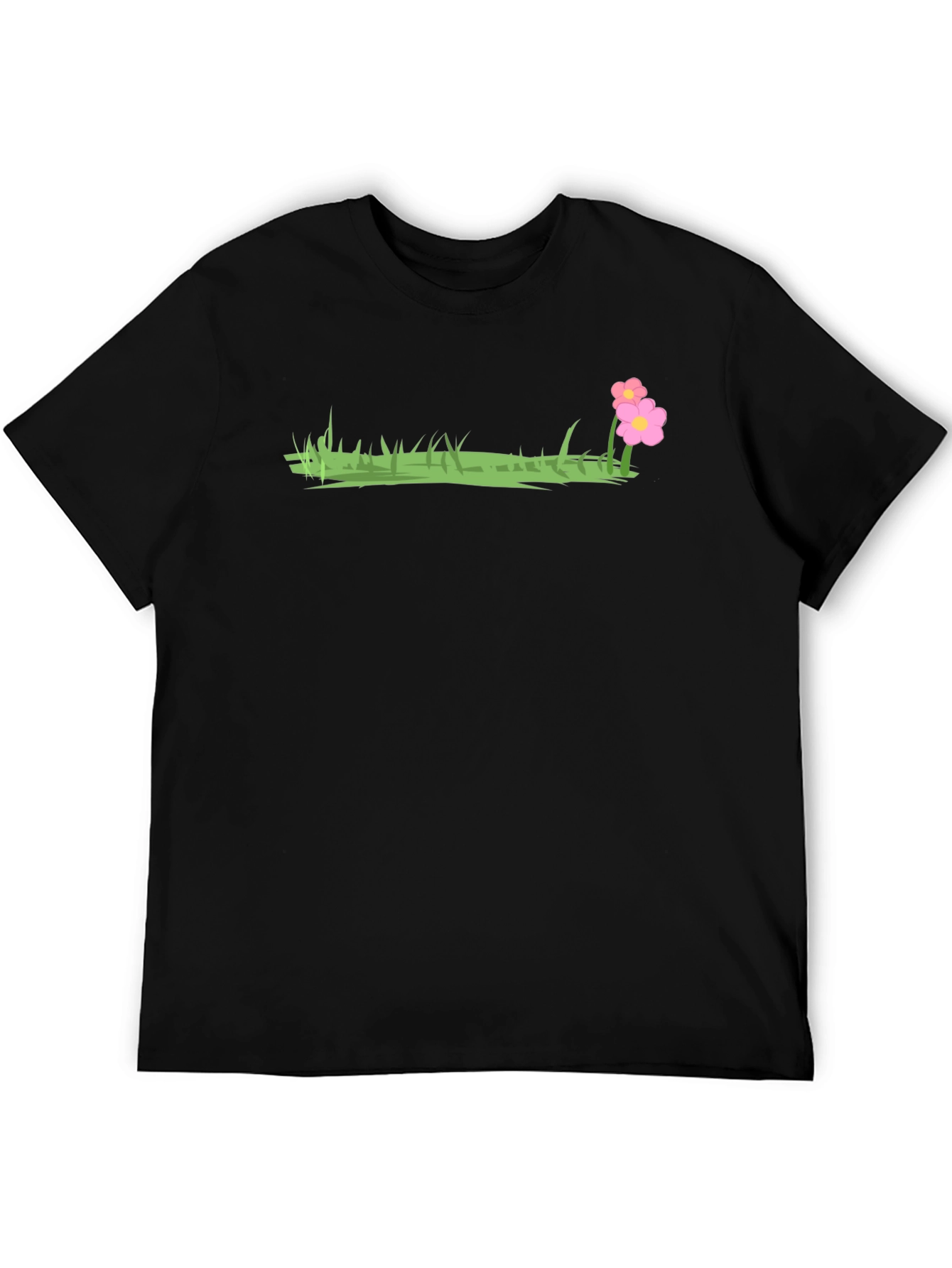 Black T-Shirt with Grass and Flower Design