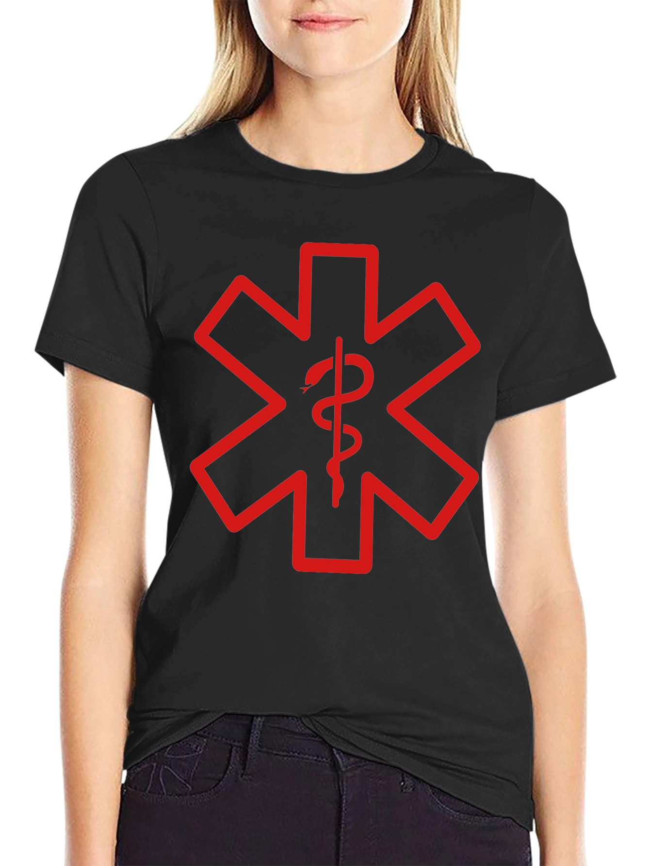Black T-Shirt with Red Star of Life