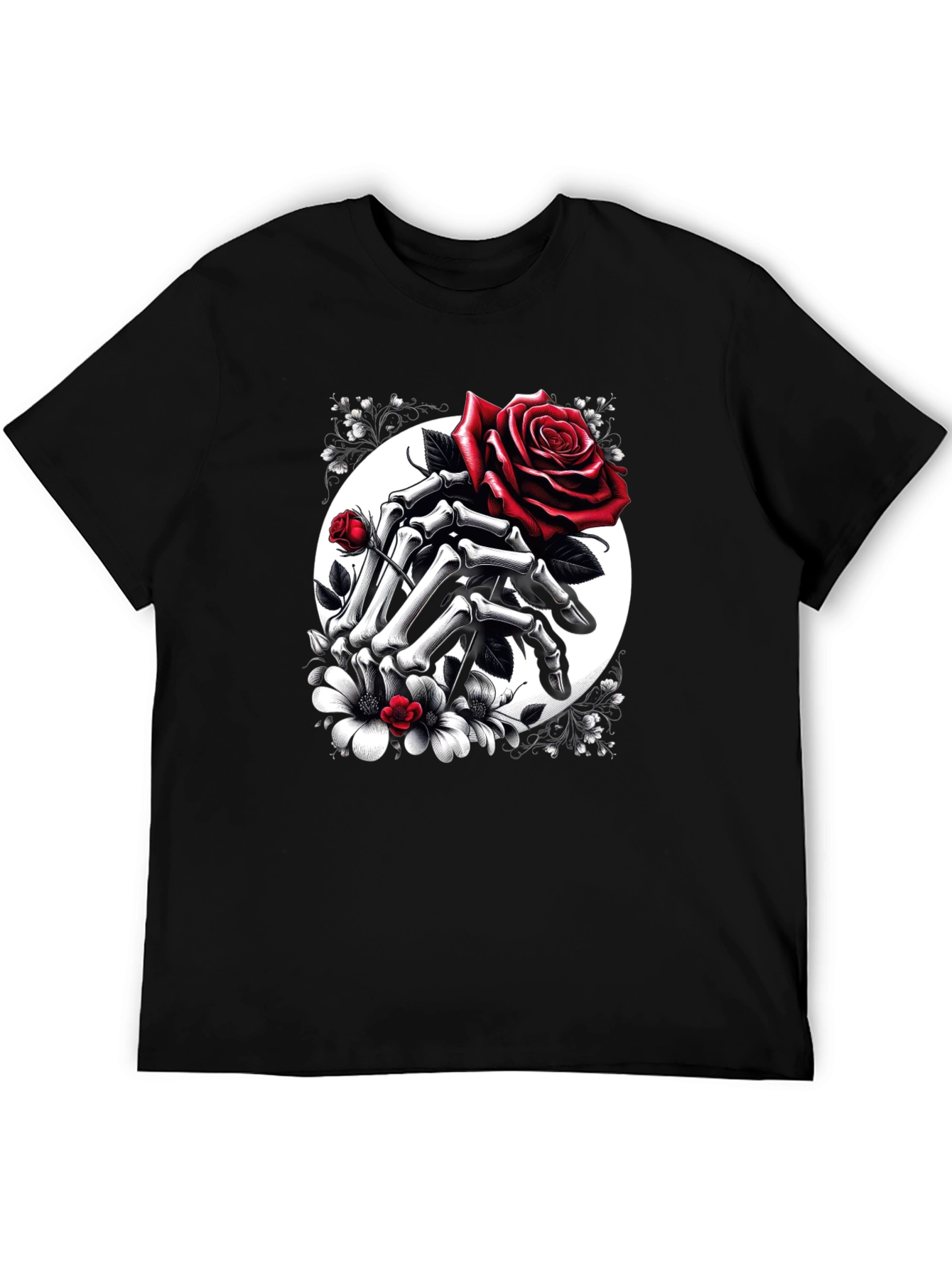 Floral Skull Hands Rose T-Shirt - Gothic Style