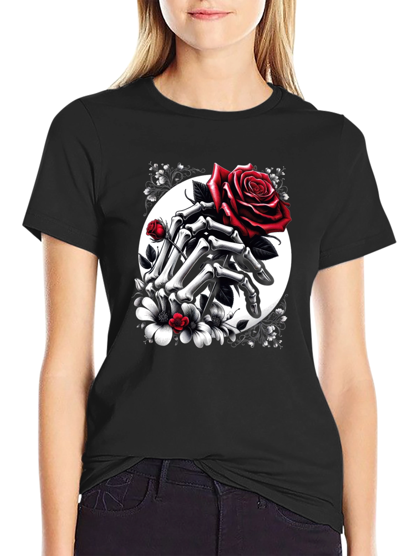 Floral Skull Hands Rose T-Shirt - Gothic Style
