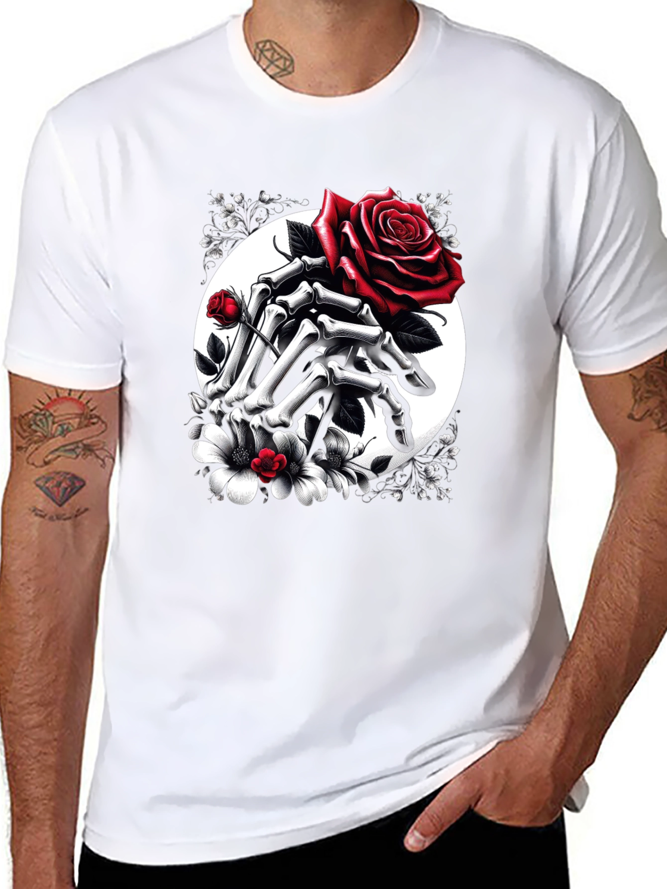 Floral Skull Hands Rose T-Shirt - Gothic Style