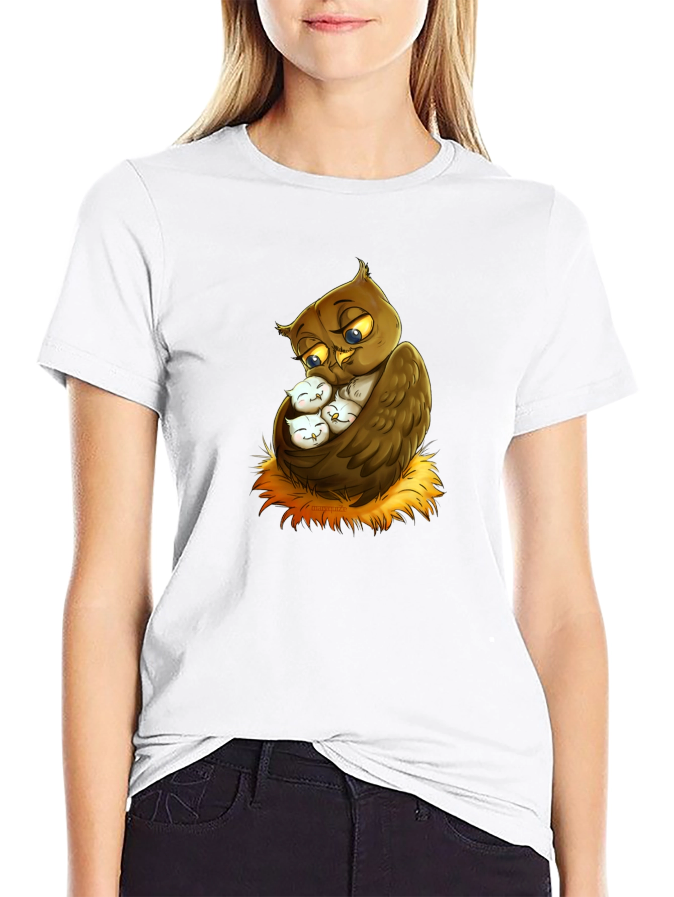 Cute Owl Family Graphic Tee - Black Cotton T-Shirt