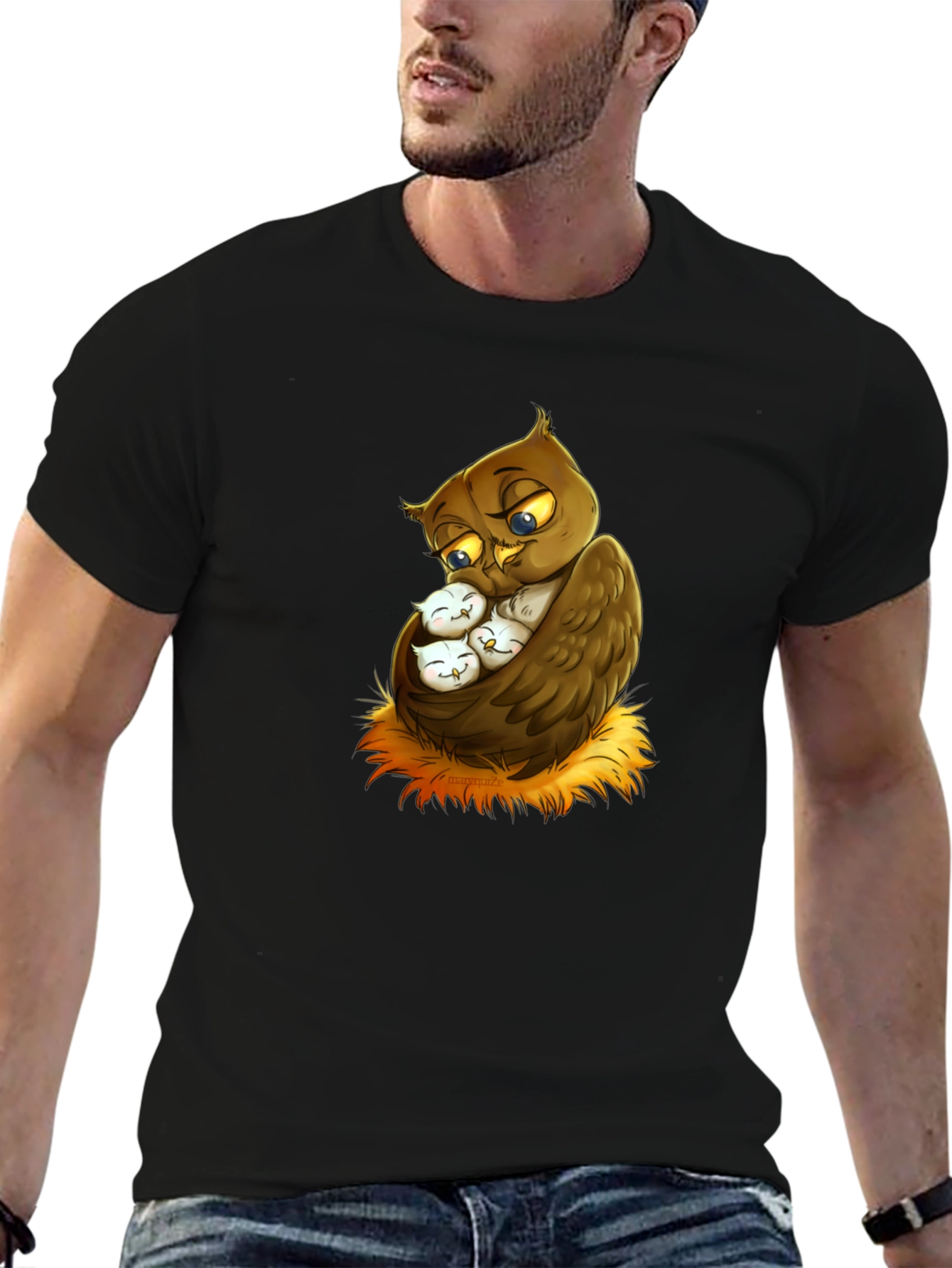 Cute Owl Family Graphic Tee - Black Cotton T-Shirt