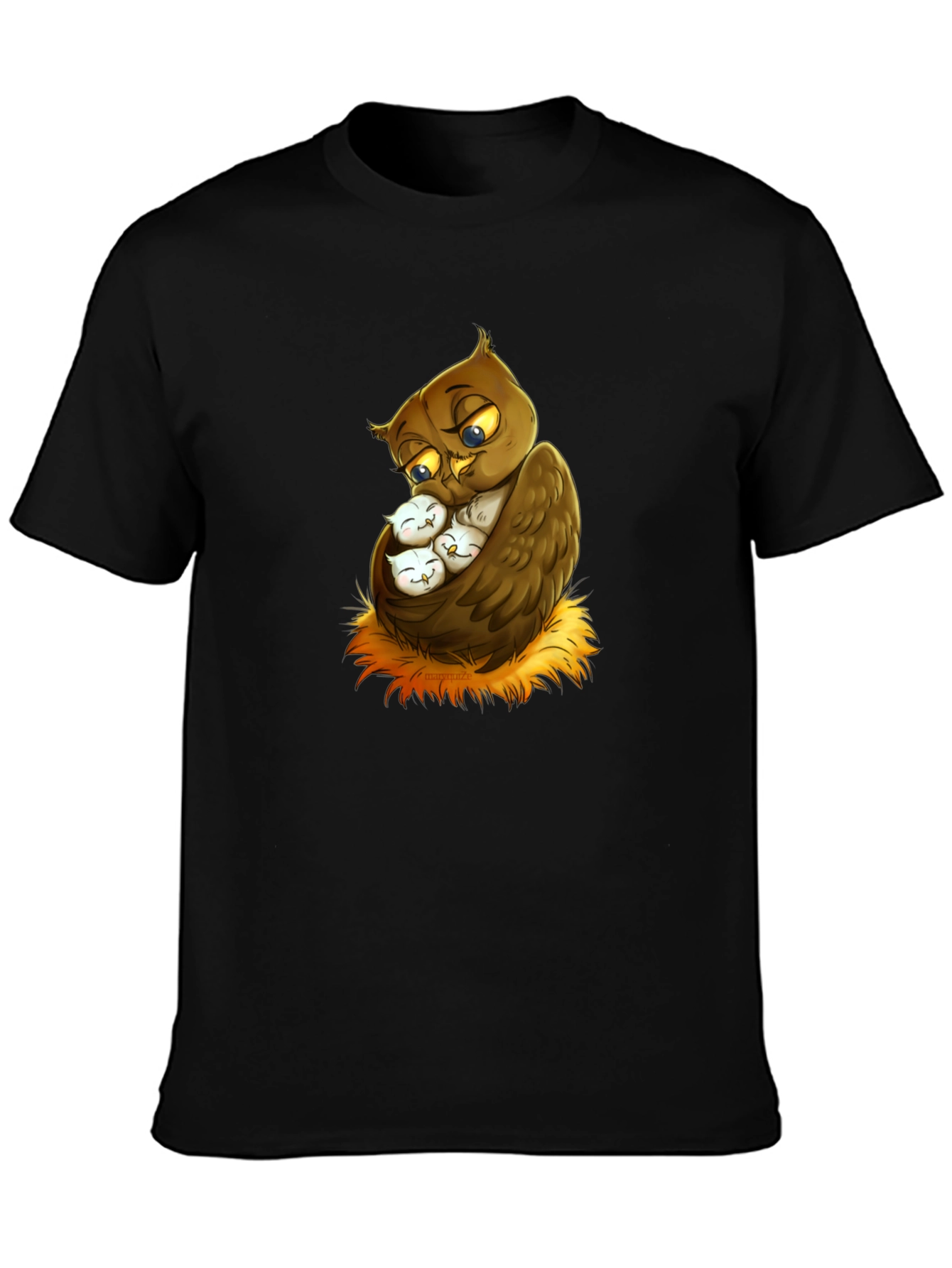 Cute Owl Family Graphic Tee - Black Cotton T-Shirt