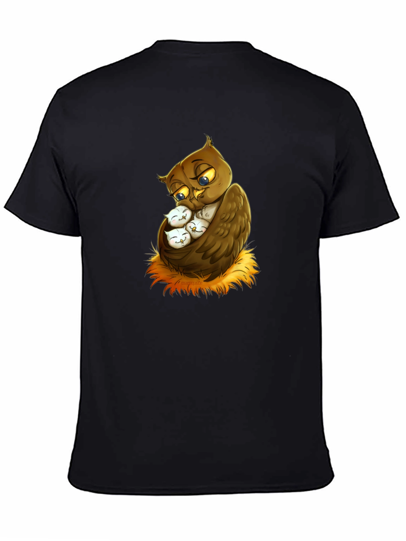 Cute Owl Family Graphic Tee - Black Cotton T-Shirt