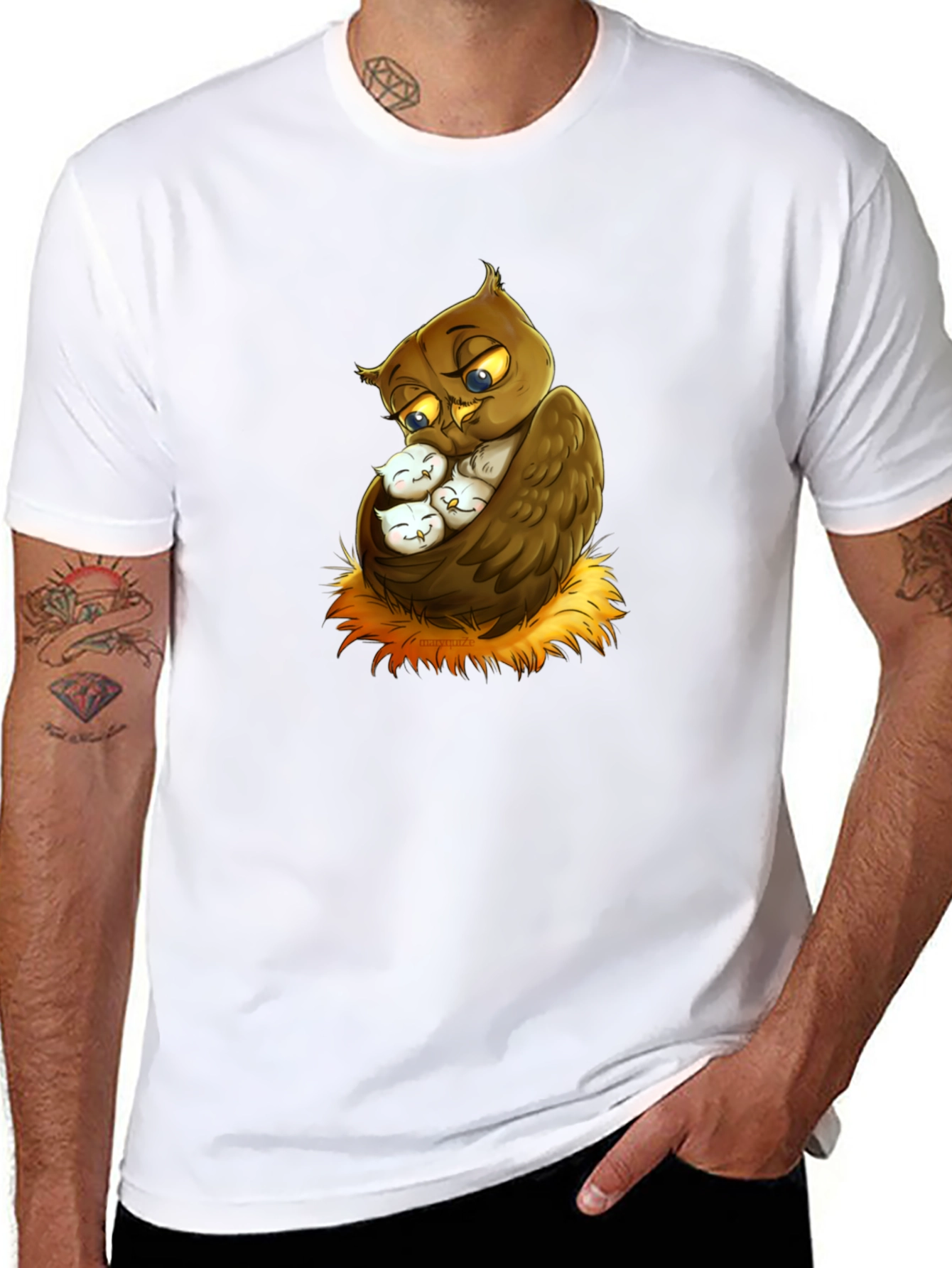 Cute Owl Family Graphic Tee - Black Cotton T-Shirt
