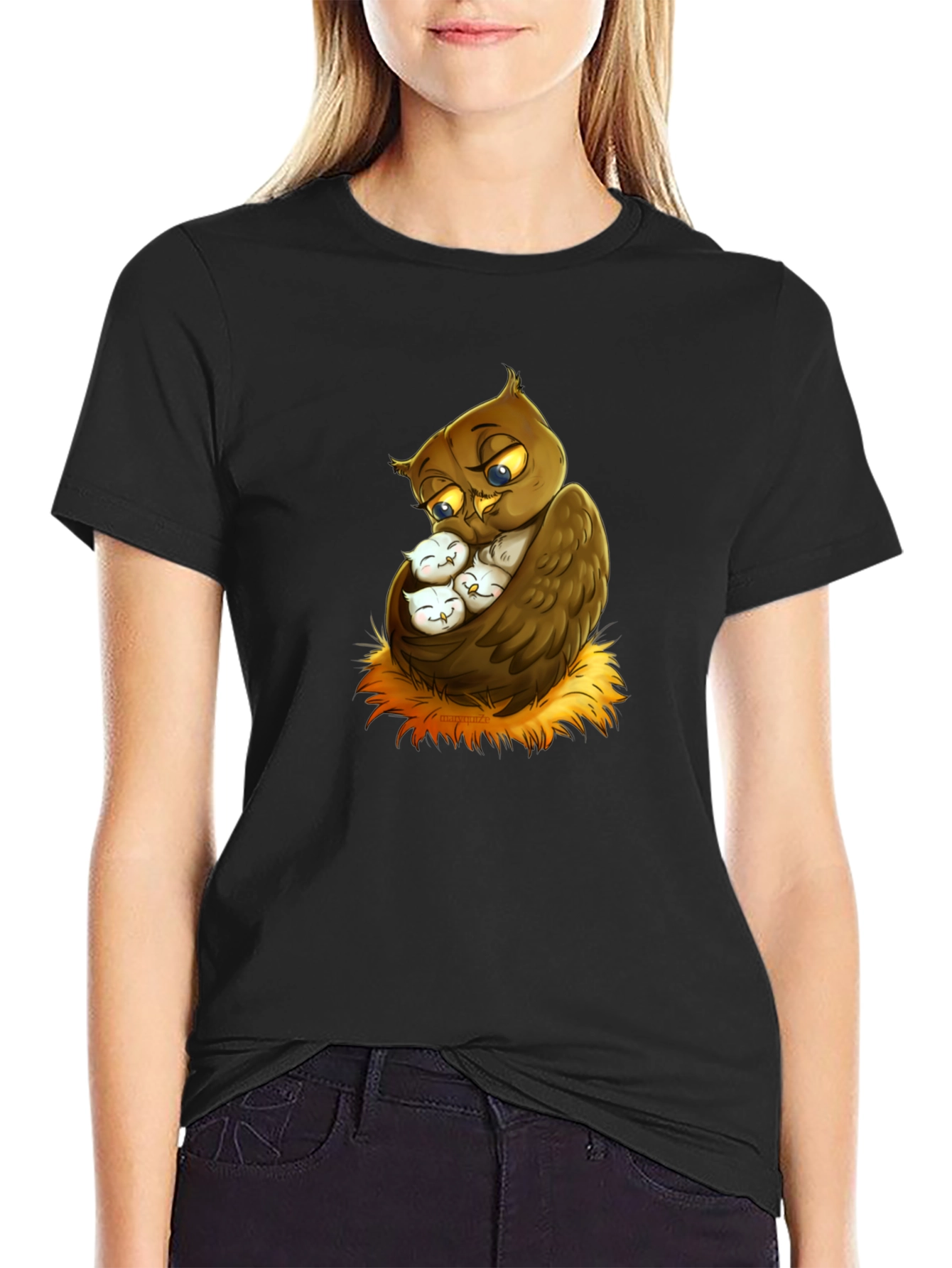 Cute Owl Family Graphic Tee - Black Cotton T-Shirt