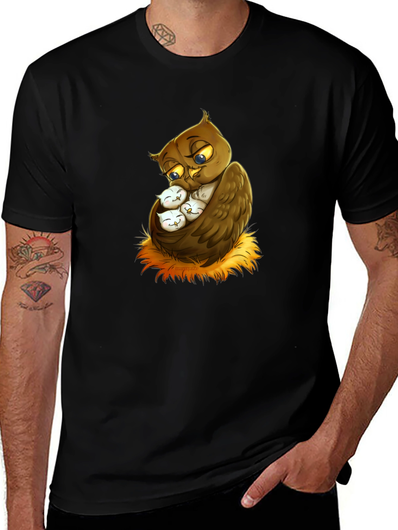 Cute Owl Family Graphic Tee - Black Cotton T-Shirt